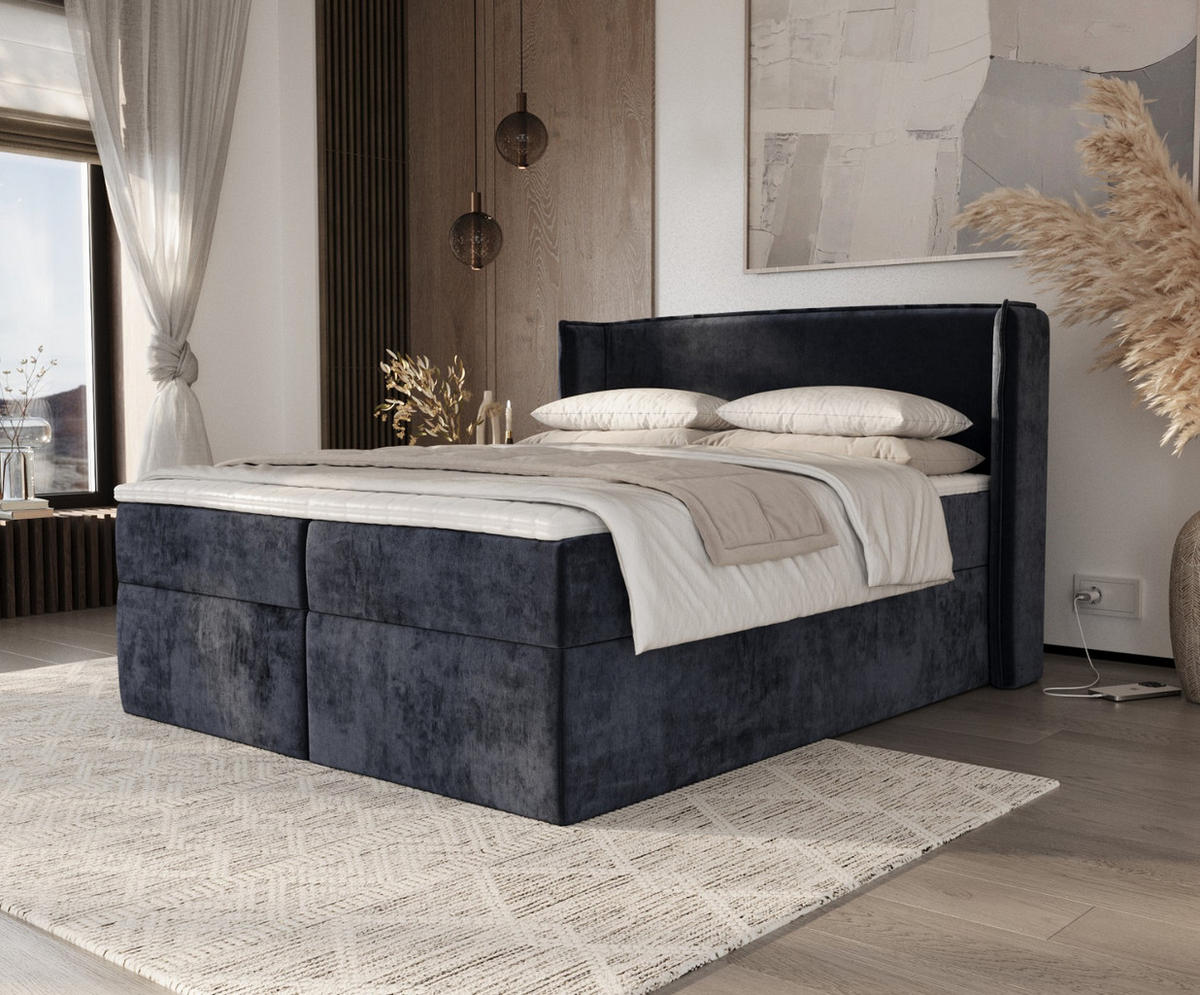 BOXBETT Viva 200/200 cm Marineblau im Lotta Stoff - Schwarz/Dunkelblau, Holz/Holzwerkstoff (200/200cm) - AltaBeds