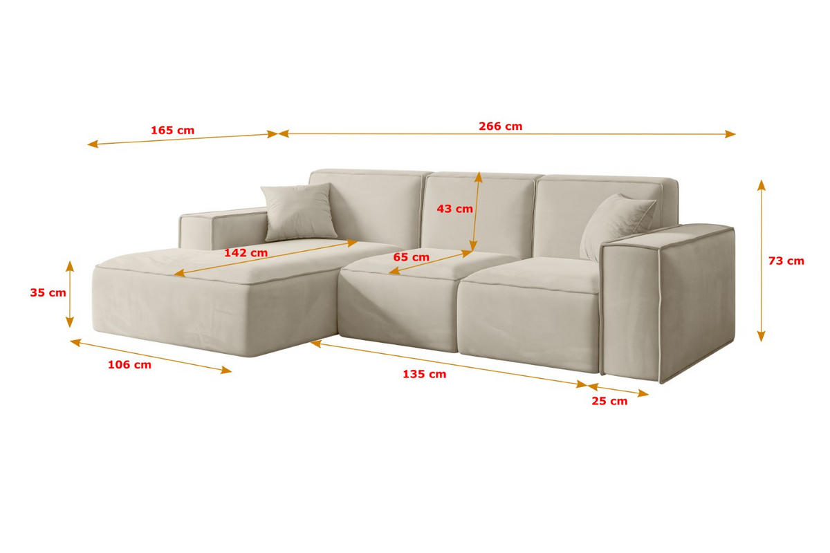 ECKSOFA Ottomane Links SERRA-L - 266x165x73 cm Beige Velours - Beige/Schwarz, Holzwerkstoff/Kunststoff (165/266cm) - ALTDECOR