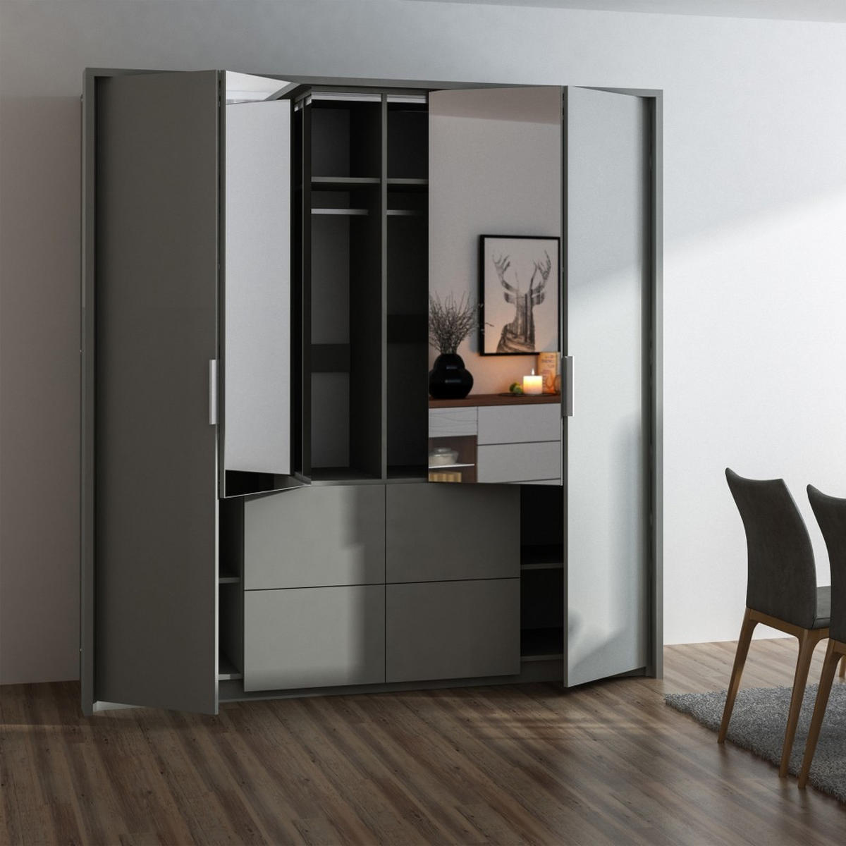 DREHTÜRENSCHRANK Vivaro mit 2 Türen und 4 Schubladen, 208 cm, Graphit - Graphitfarben, Holzwerkstoff (208/215/65cm) - Beautysofa