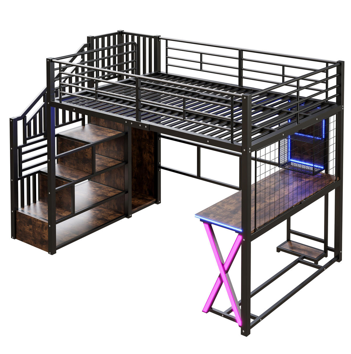HOCHBETT 140/200 cm aus Metall und MDF mit LED-Beleuchtung, Ablageleiter, Schreibtisch, Kleiderschrank und Regalen, Schwarz - Schwarz, Holzwerkstoff (140/200cm) - Redom