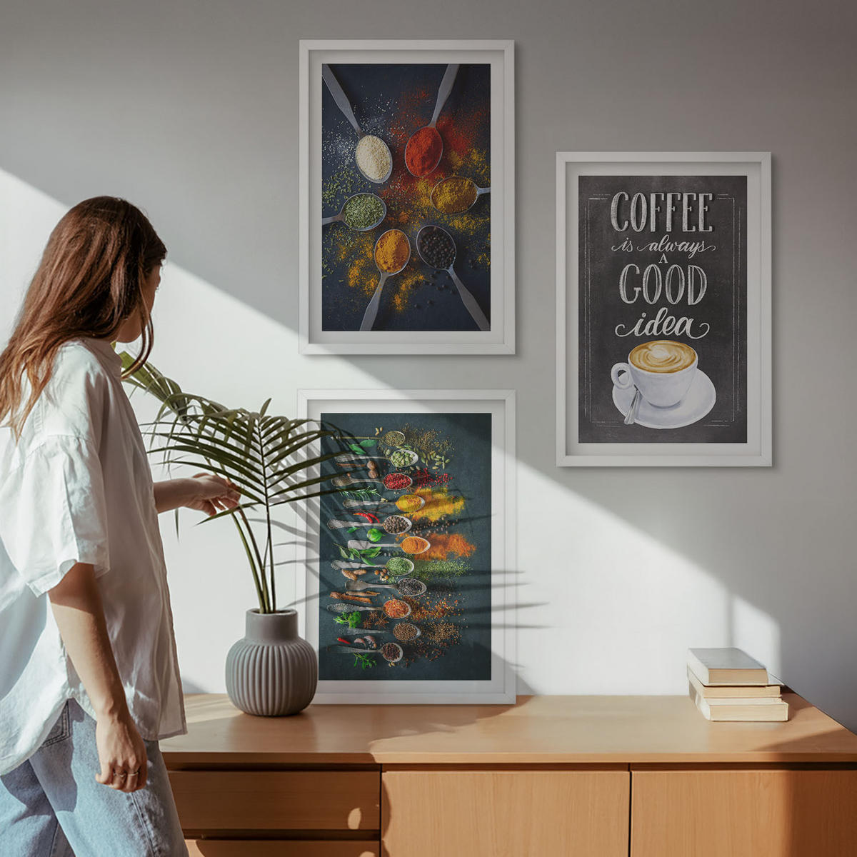 WANDBILDER 3er-Set - 40x60 cm Weißer Rahmen - Gewürze, Kaffee, Kräuter, Muster - Weiß, Kunststoff (40/60cm) - ArtPrintCave