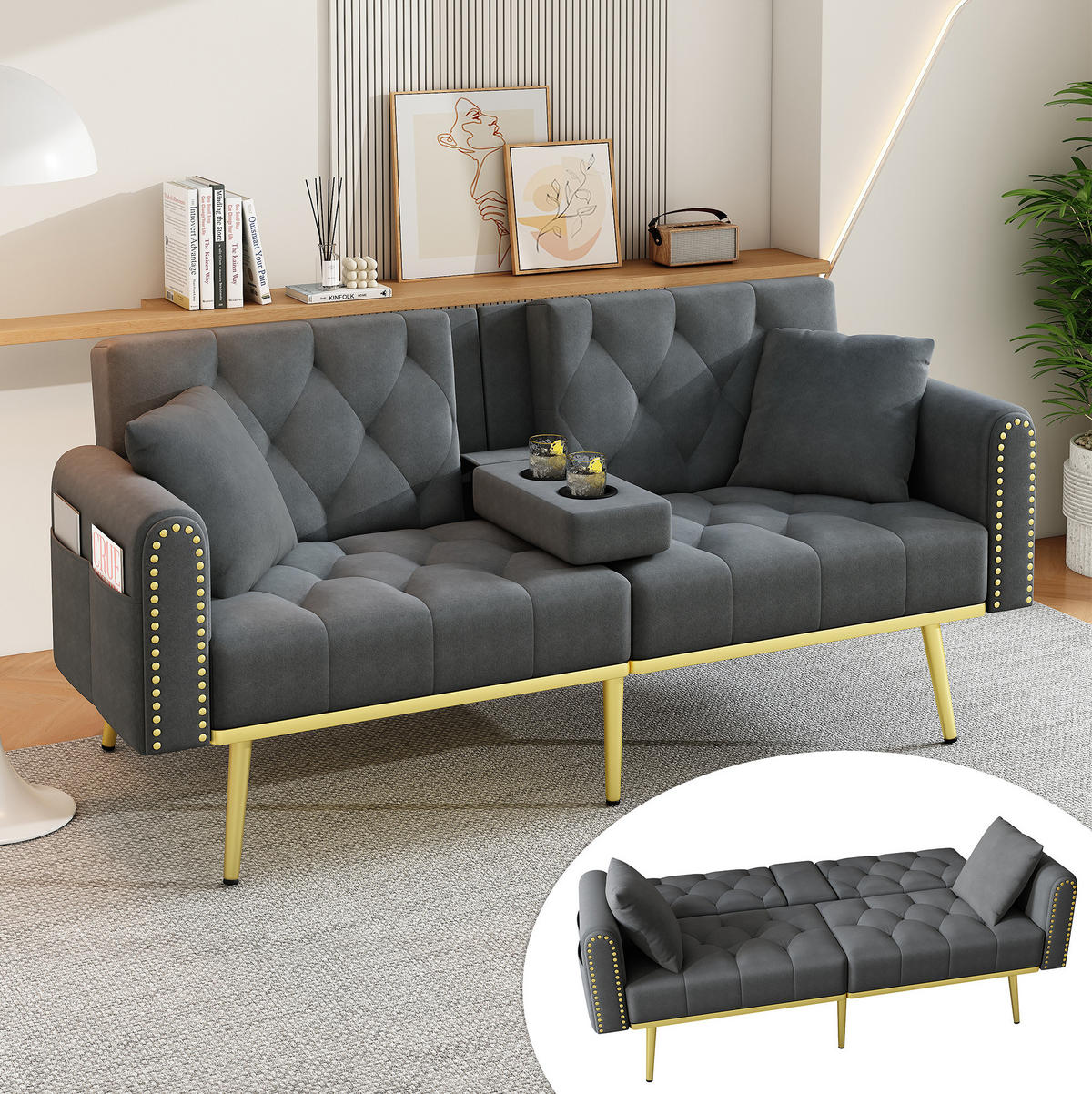 SCHLAFSOFA Samt mit verstellbarer Rückenlehne und Getränkehalter Grau 175/80/73,5 cm - Grau, Textil (73.5/175/80cm) - Redom