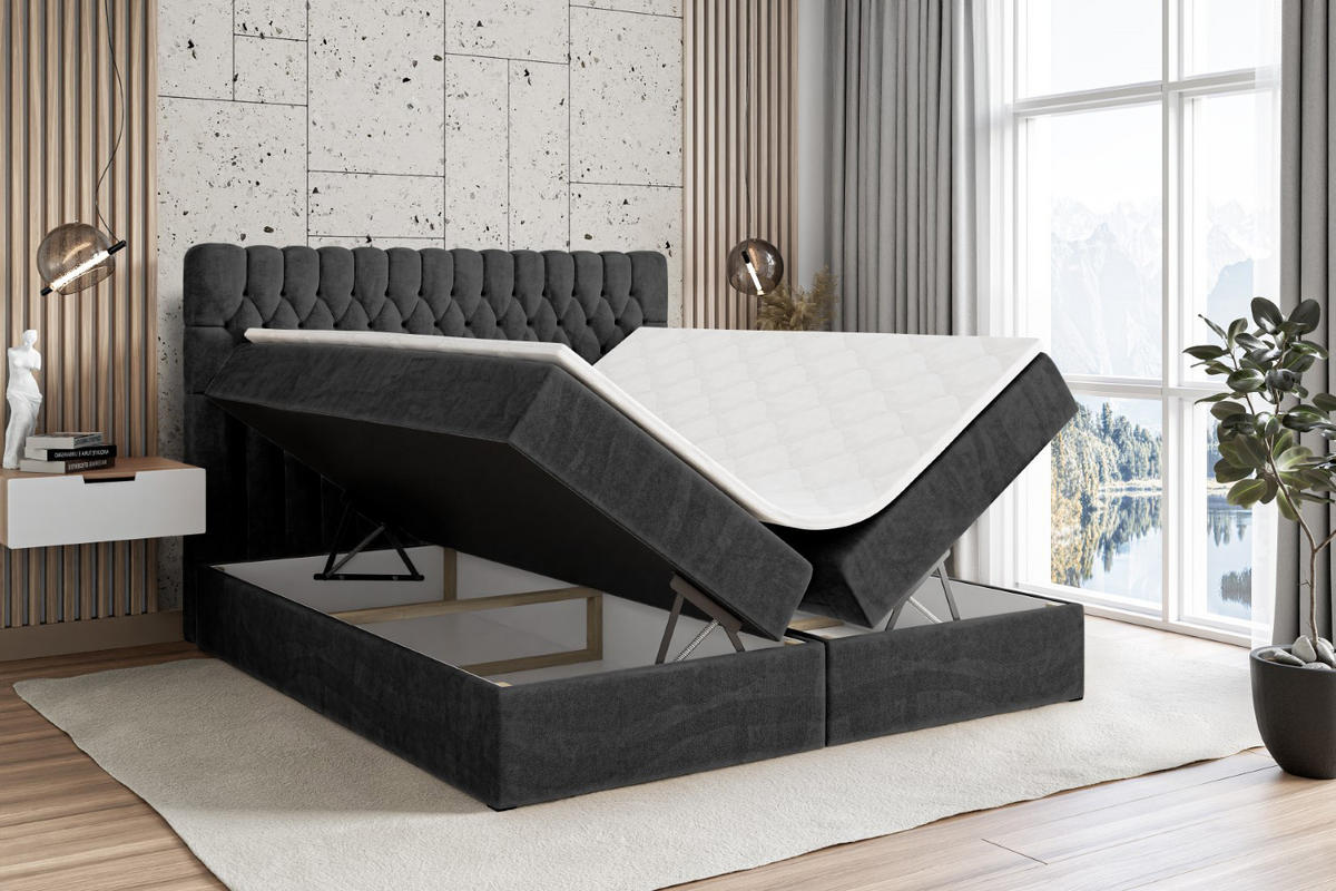 BOXBETT mit Matratze H4 und Lattenrost - SERENE - 140x200 - H4 - Schwarz - Anthrazit, Holzwerkstoff (140/200cm) - ALTDECOR