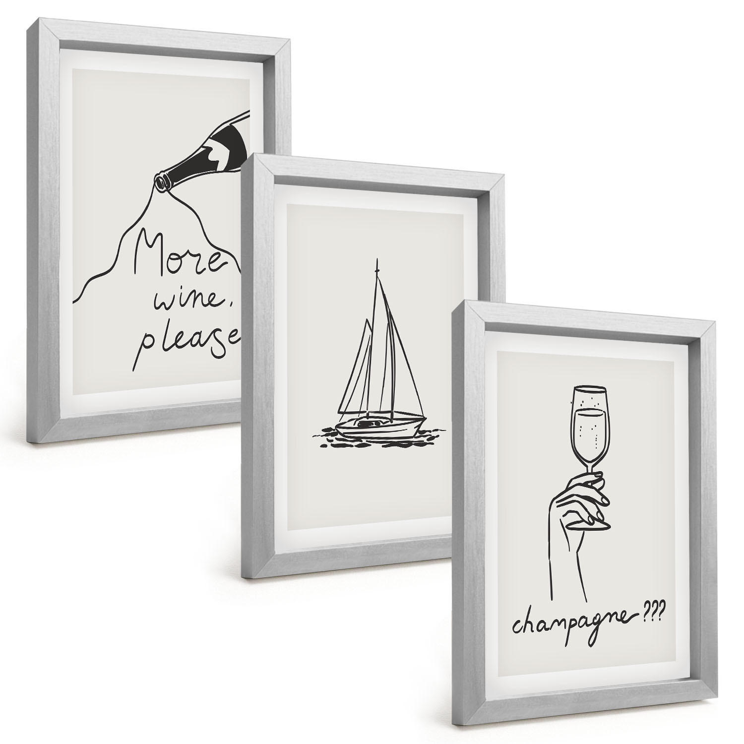 BILDER SET 3er Set - 20x30 cm Silberner Rahmen - Weinsegelboot-Glas-Linienzeichnung - Silberfarben, Kunststoff (20/30cm) - TULUP