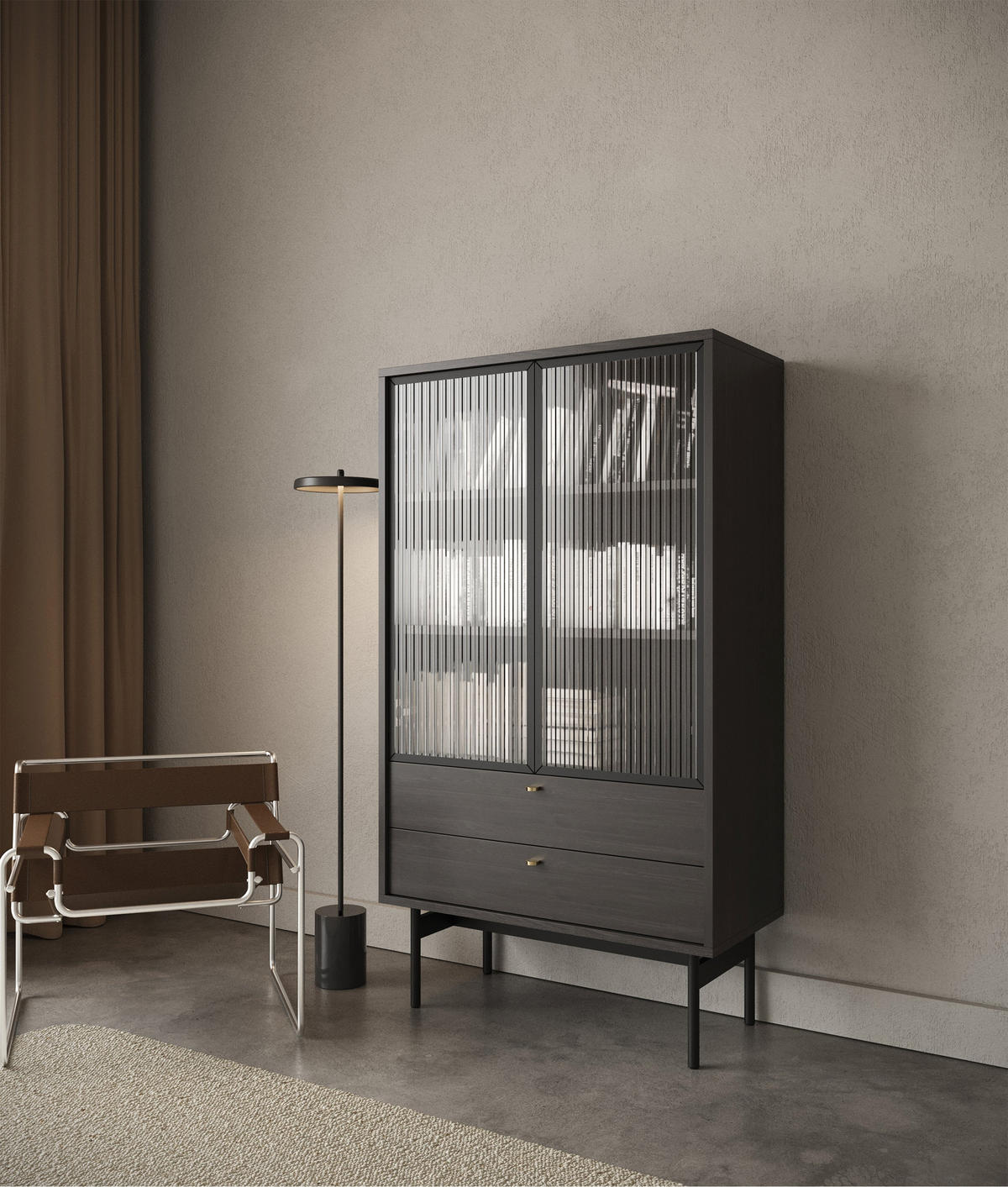 VITRINE Olar II Holzoptik Esche Portland Schwarz 85 cm - černá/zlatá, kov/kompozitní dřevo (85/150/41cm) - Selsey