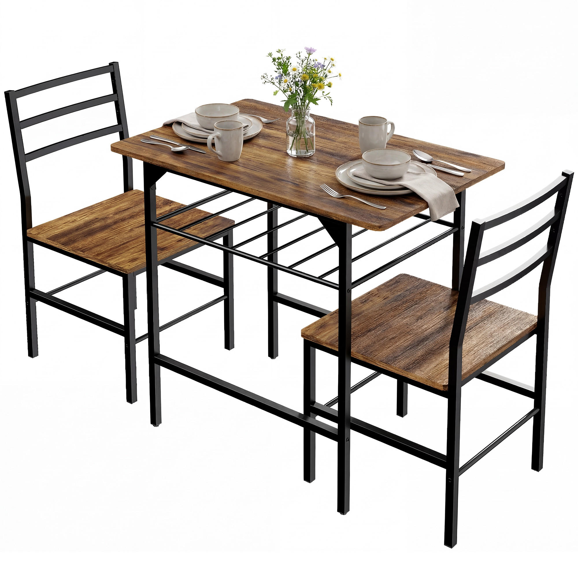 ESSGRUPPE mit Tisch und 2 Stühlen, Küchentisch mit Stühlen für 2 Personen, Metallgestell, braun - Naturfarben, Metall (80/78.8/50cm)