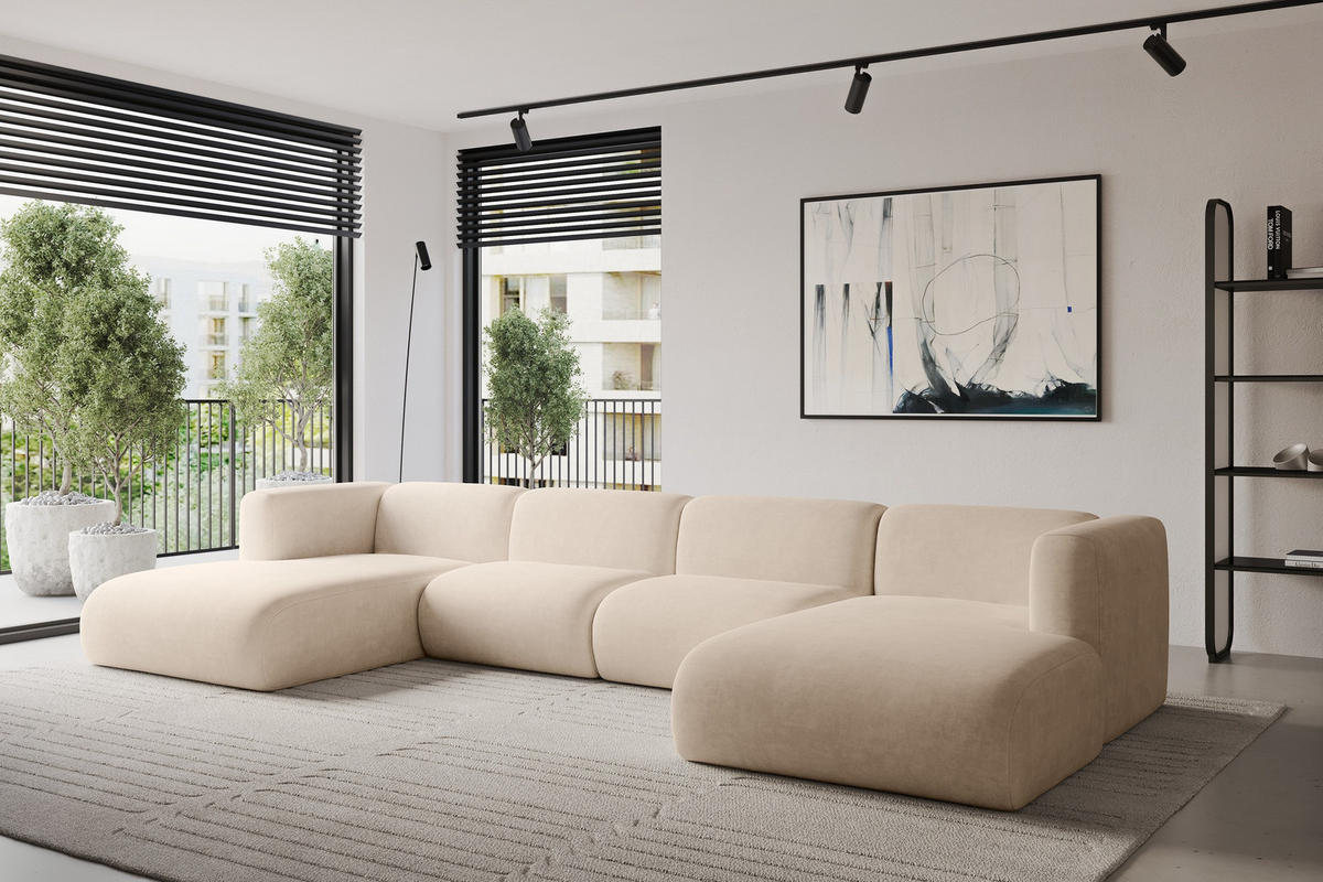WOHNLANDSCHAFT MIRA-U2 408x179x70 Beige Velours - Greige/Beige, Holzwerkstoff/Kunststoff (408/70/179cm) - ALTDECOR