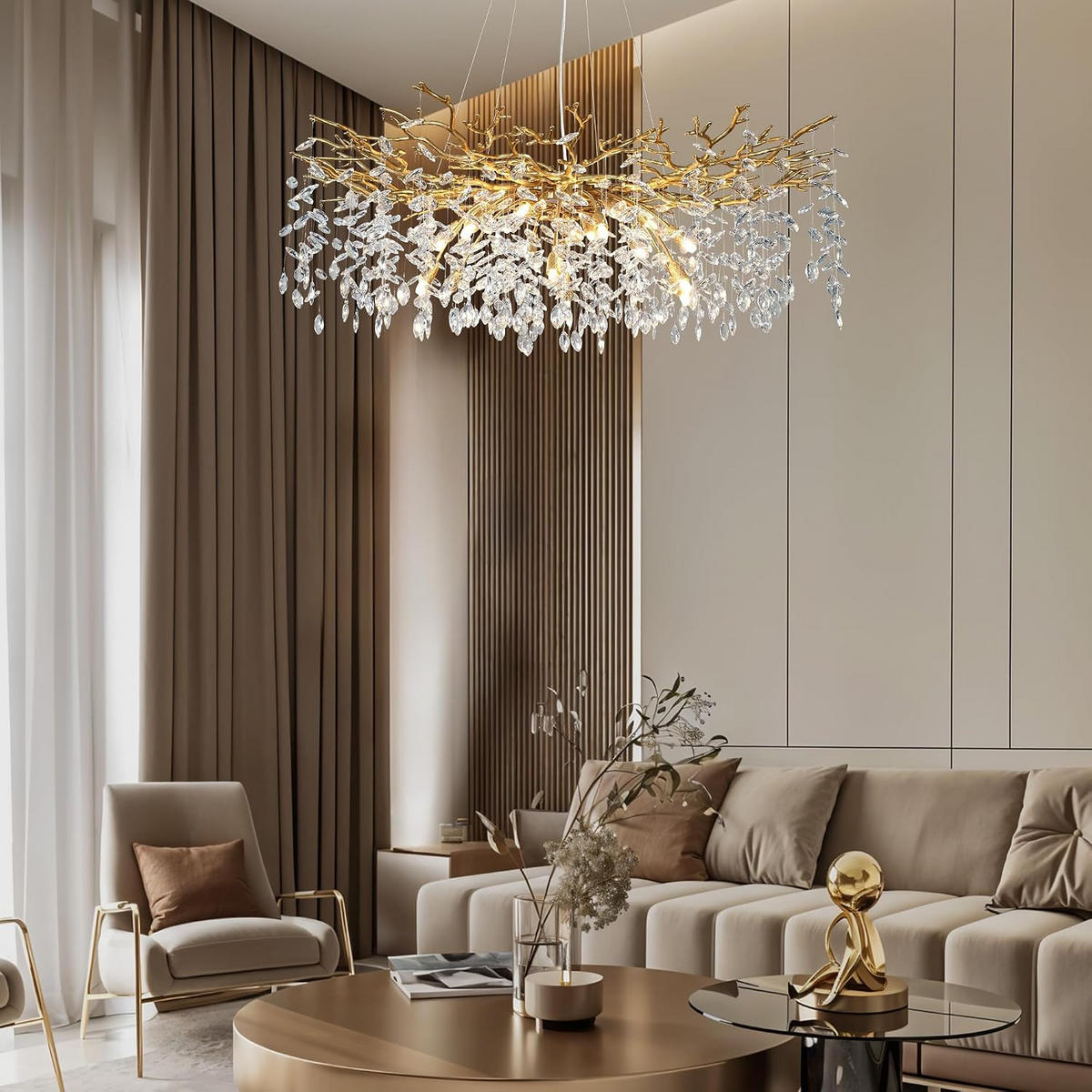 KRONLEUCHTER 120 cm K9‑Kristall Baumzweig Gold für Wohnzimmer und Schlafzimmer - Gelb, Naturmaterialien (78/43/38cm) - Surtime