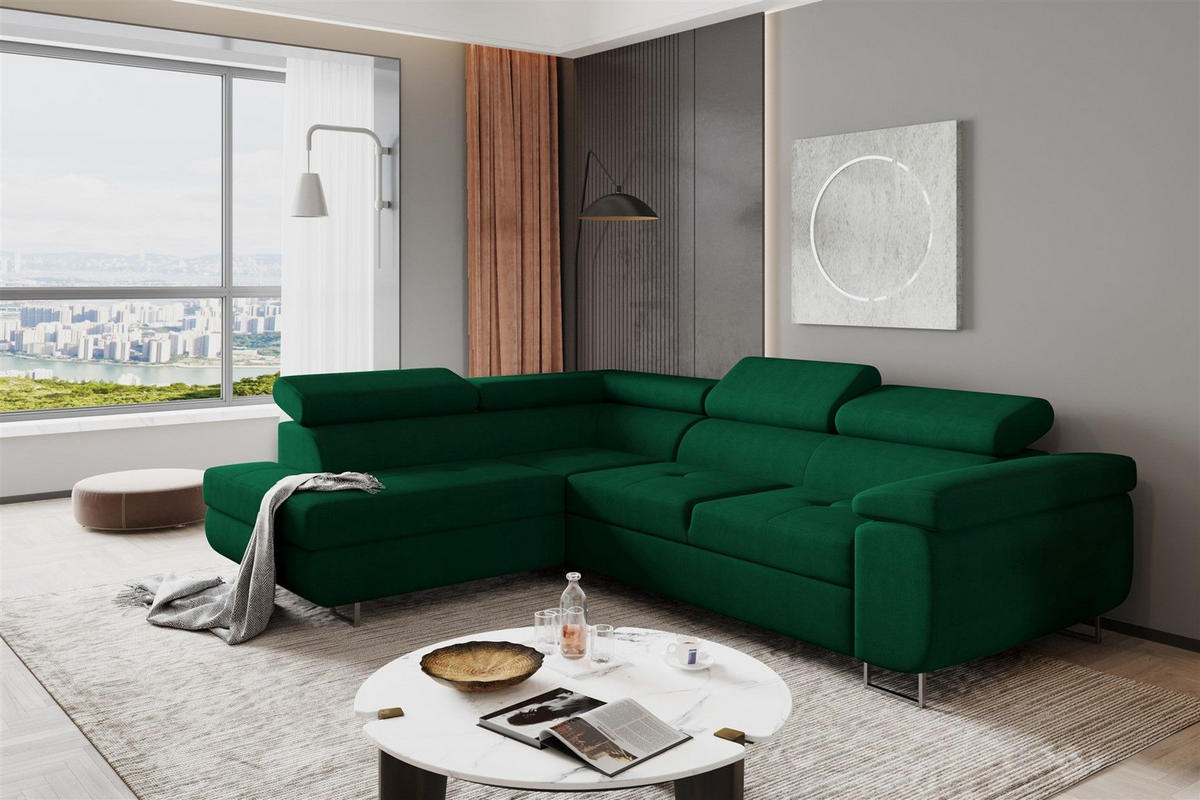 ECKSOFA Jade Mit Schlaffunktion - Dunkelgrün, Holzwerkstoff/Textil (202/275cm) - Fun Möbel