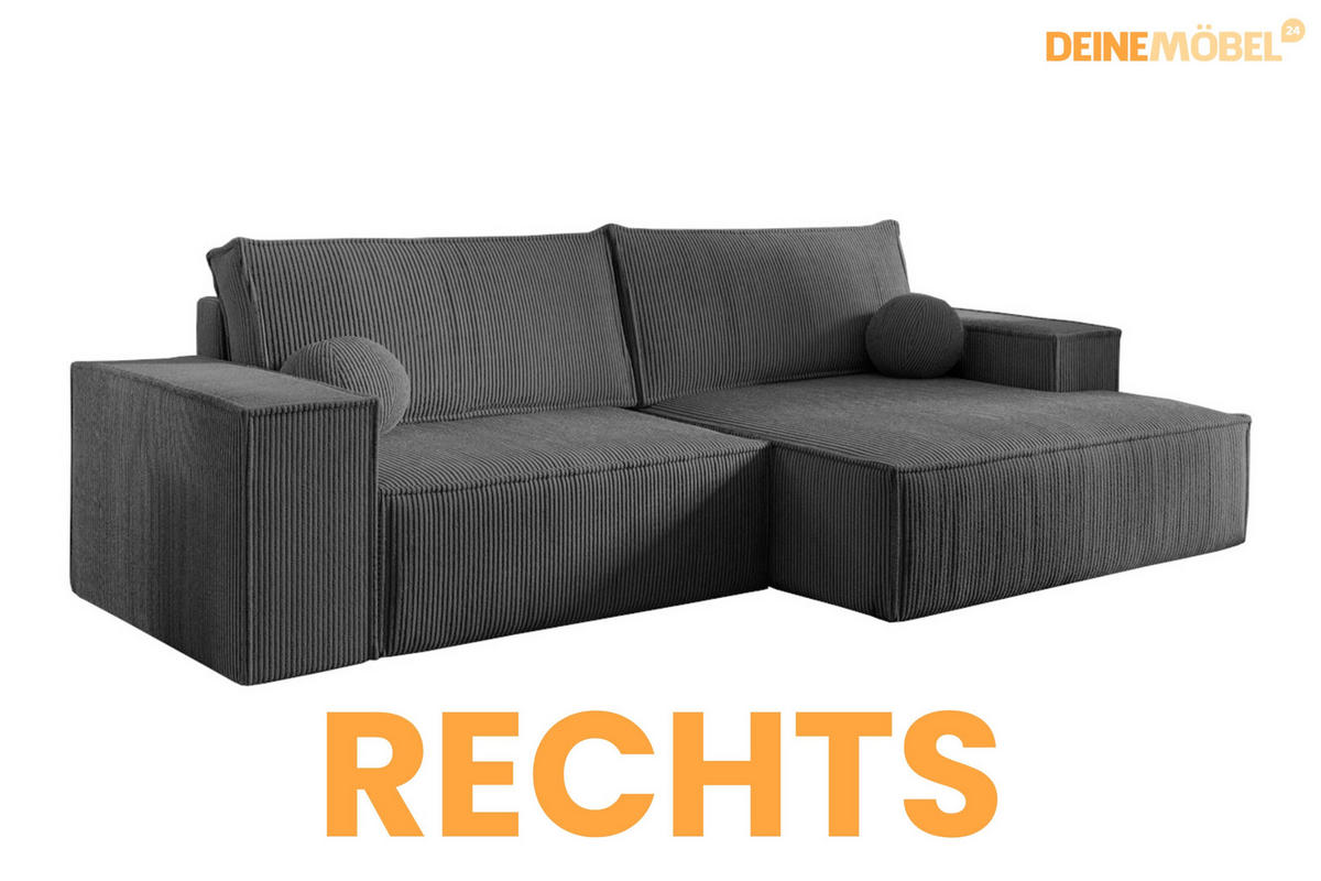 ECKSOFA NEPTUN 255/148 in Cord Anthrazit rechts - Anthrazit, Holz/Holzwerkstoff (255/148cm) - Deine Möbel 24