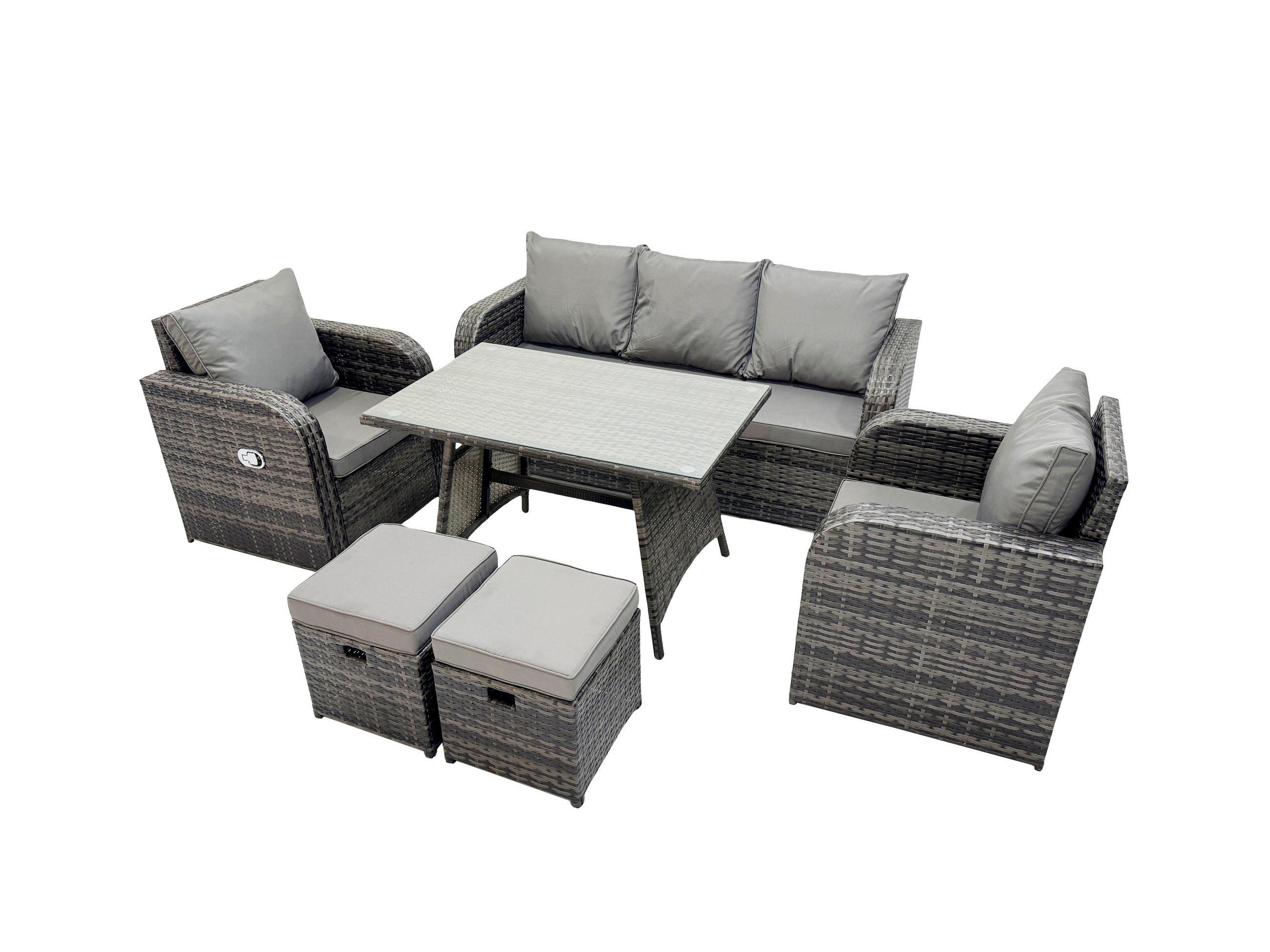 GARTENMÖBEL SET PE Polyrattan 7-Sitzer Grau - Dunkelgrau/Grau, Glas/Kunststoff - Fimous