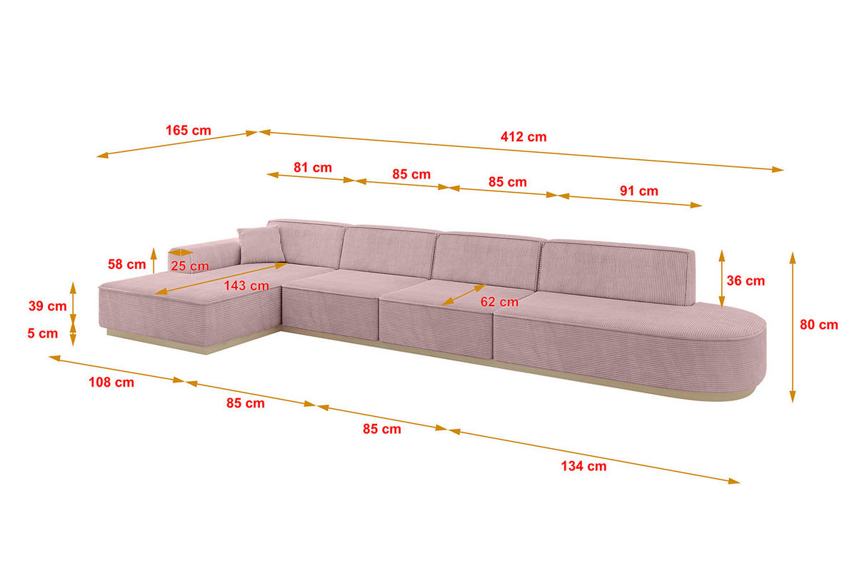 ECKSOFA Ottomane Links IREA-L3 - 412x165x80 cm Rosa - Rosa, Holzwerkstoff/Textil (412/165cm) - ALTDECOR
