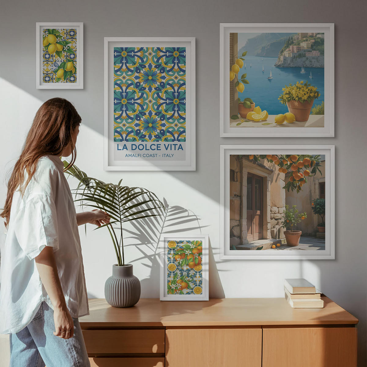 BILDER SET 5er Set - 50x50 cm & 20x30 cm & 40x60 cm Weißer Rahmen - Farbenfrohe abstrakte Zitrusfrüchte - Weiß, Kunststoff (40/60cm) - TULUP