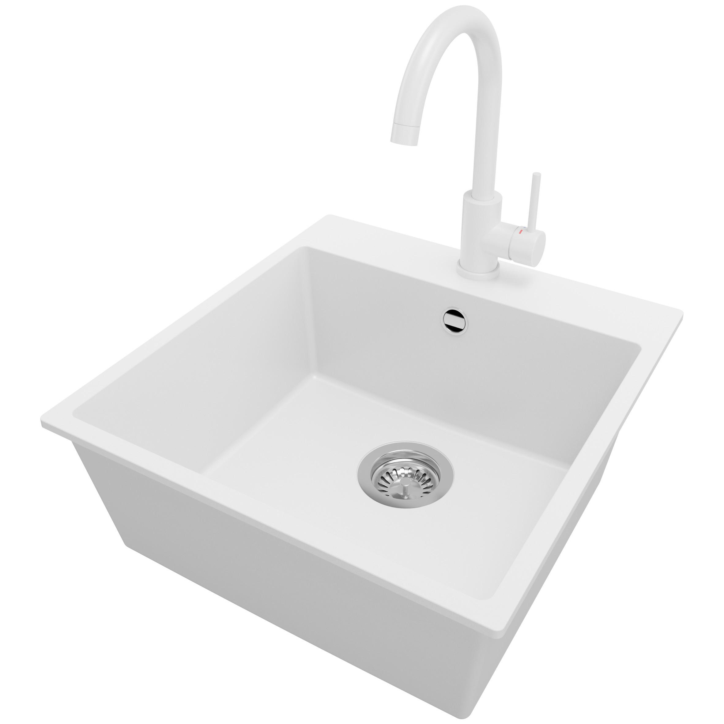 GRANITSPÜLE Riga, 2-er set Weiß 48/50 cm 1 Becken + Küchenarmatur 32/20 cm + Ablauf-Set ab 50er Unterschrank - Chromfarben/Weiß, Kunststoff (48/20/50cm) - Primagran