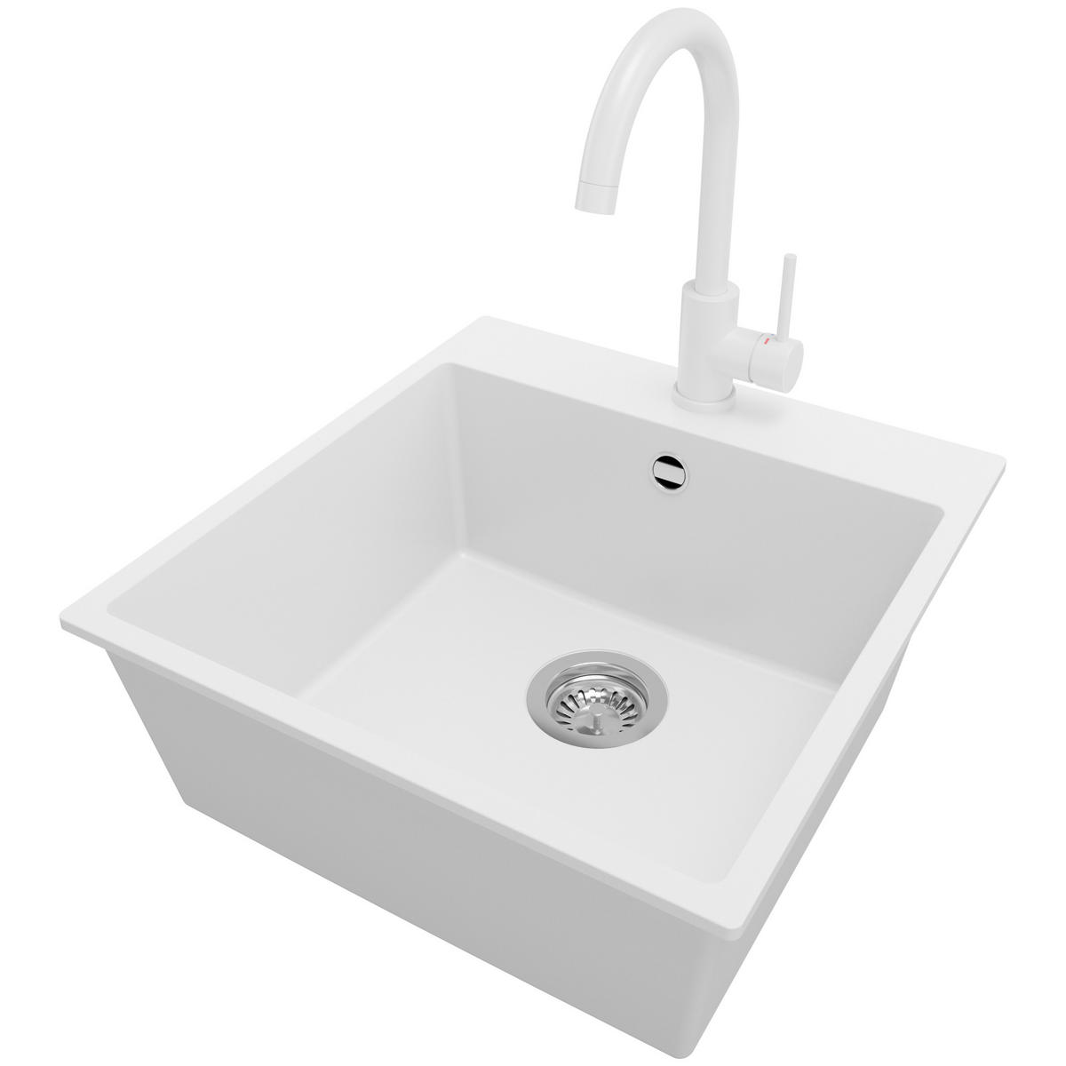 GRANITSPÜLE Riga, 2-er set Weiß 48/50 cm 1 Becken + Küchenarmatur 32/20 cm + Ablauf-Set ab 50er Unterschrank - Chromfarben/Weiß, Kunststoff (48/20/50cm) - Primagran