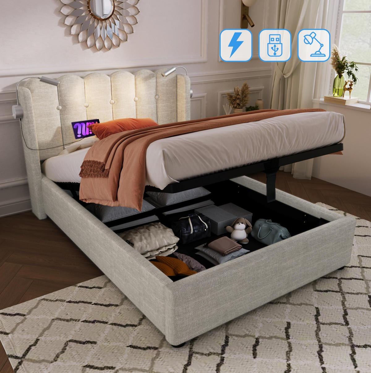 POLSTERBETT 90/200 cm Natürlich aus Leinen mit USB und Leselicht - Naturfarben, Textil (90/200cm) - OKMYHOME