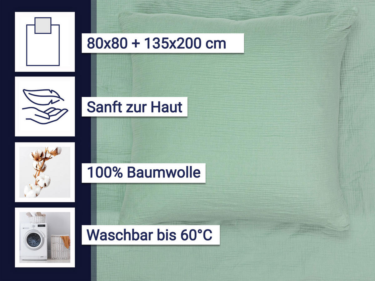 BETTWÄSCHE, 2er-Set, 80x80+135x200 cm, 100% Baumwolle, Grün - Salbeigrün, Textil (135/200cm) - Zollner