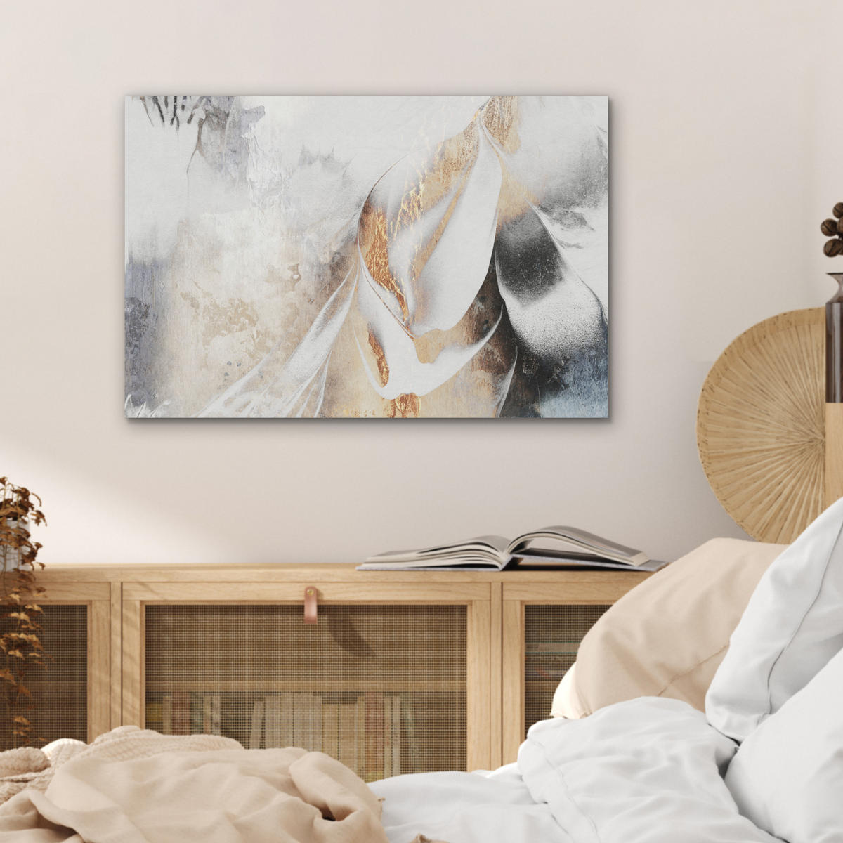 AKUSTIKBILD Luxus - Abstrakt - Gold - Weiß Wanddeko 70x50 cm - Goldfarben, Kunststoff (70/50/0.9cm) - MuchoWow