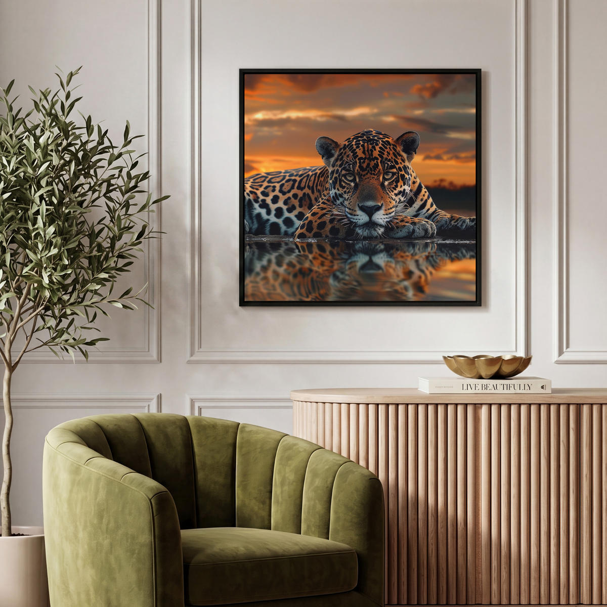 LEINWAND Bilder mit Rahmen - Natur - Leopard - Tier - Sonnenuntergang - Modern - 50x50 - Orange, Textil (50/50cm) - MuchoWow