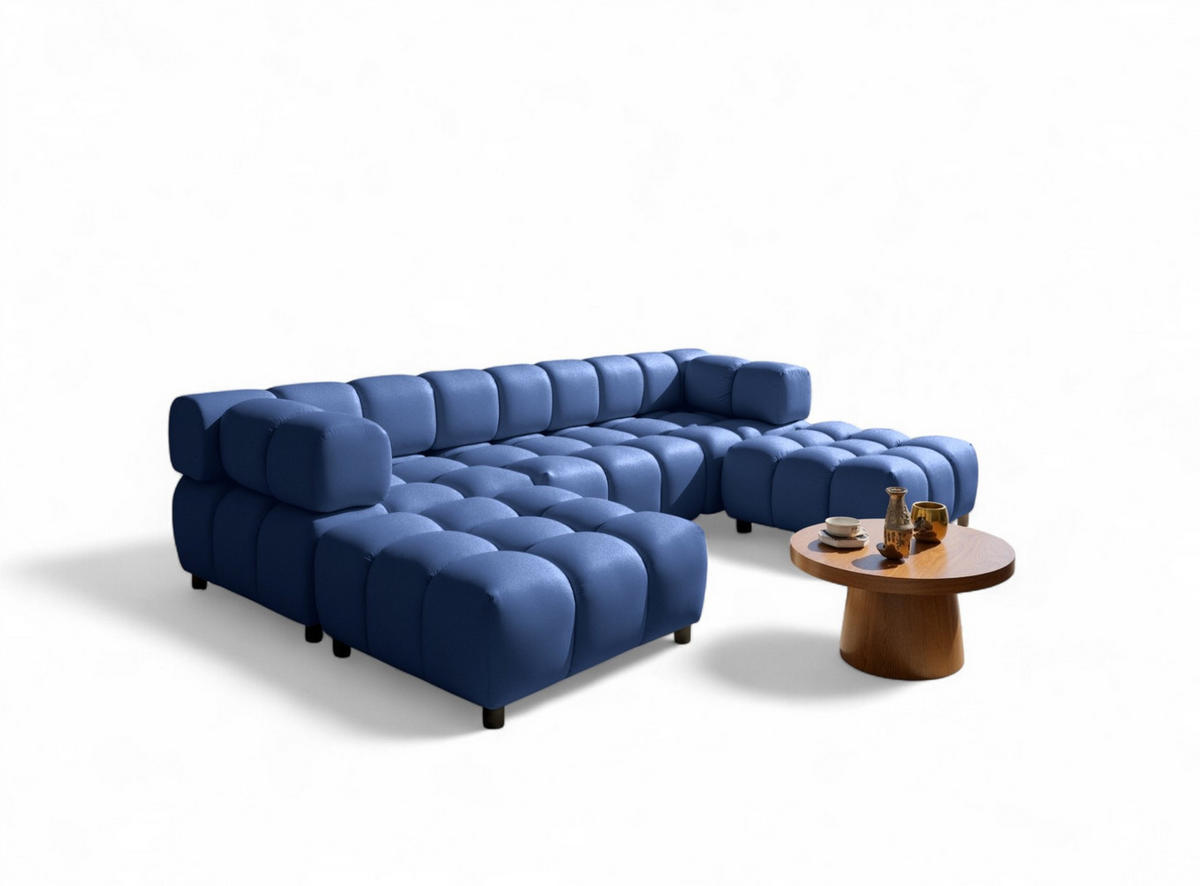 SOFA 3-sitzer Und 2-polsterhocker Flow - Blau, Holzwerkstoff/Textil (288/71/96cm) - Fun Möbel