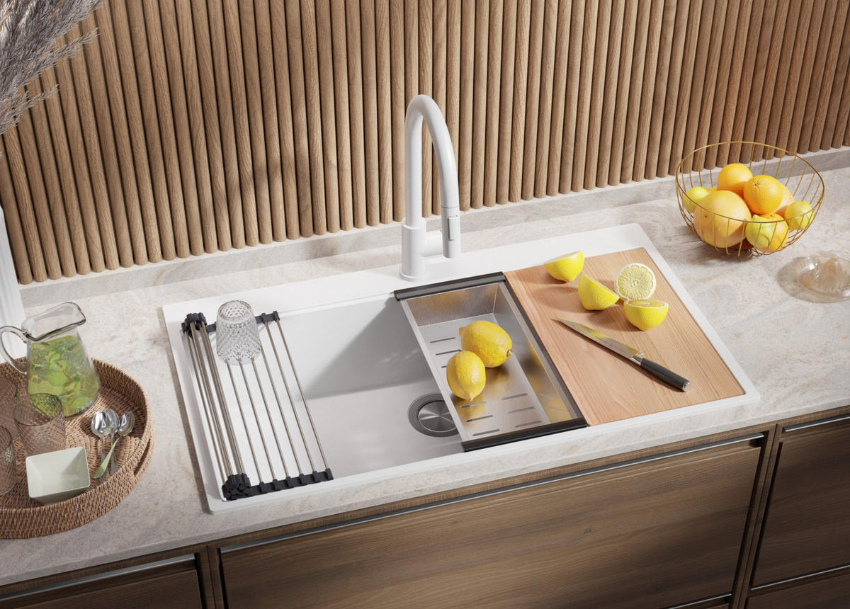 SPÜLBECKEN Oslo, 2-er set Weiß 88/50 cm 1 Becken + Ablauf-Set + Schneidebrett ab 90er Unterschrank - Chromfarben/Beige, Kunststoff (88/20/50cm) - Primagran