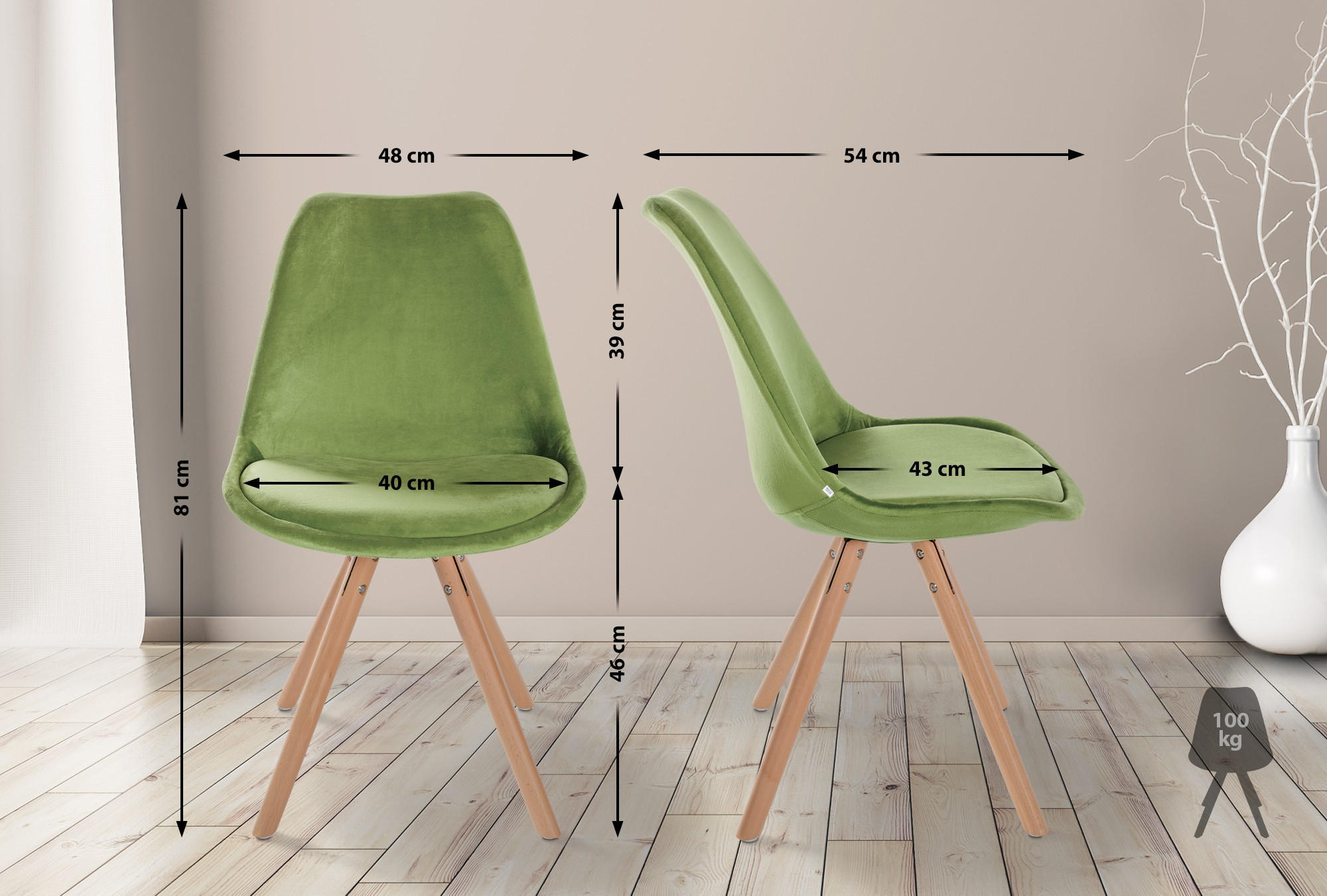 STUHL 4er Set Samt hellgrün - Eukalyptusholzfarben/Hellgrün, Holz/Textil (48/81/54cm) - CLP