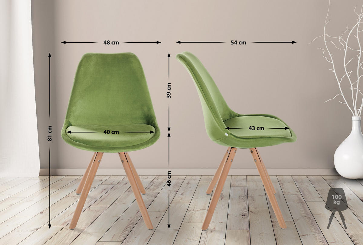 STUHL Samt hellgrün - Eukalyptusholzfarben/Hellgrün, Holz/Textil (48/81/54cm) - CLP