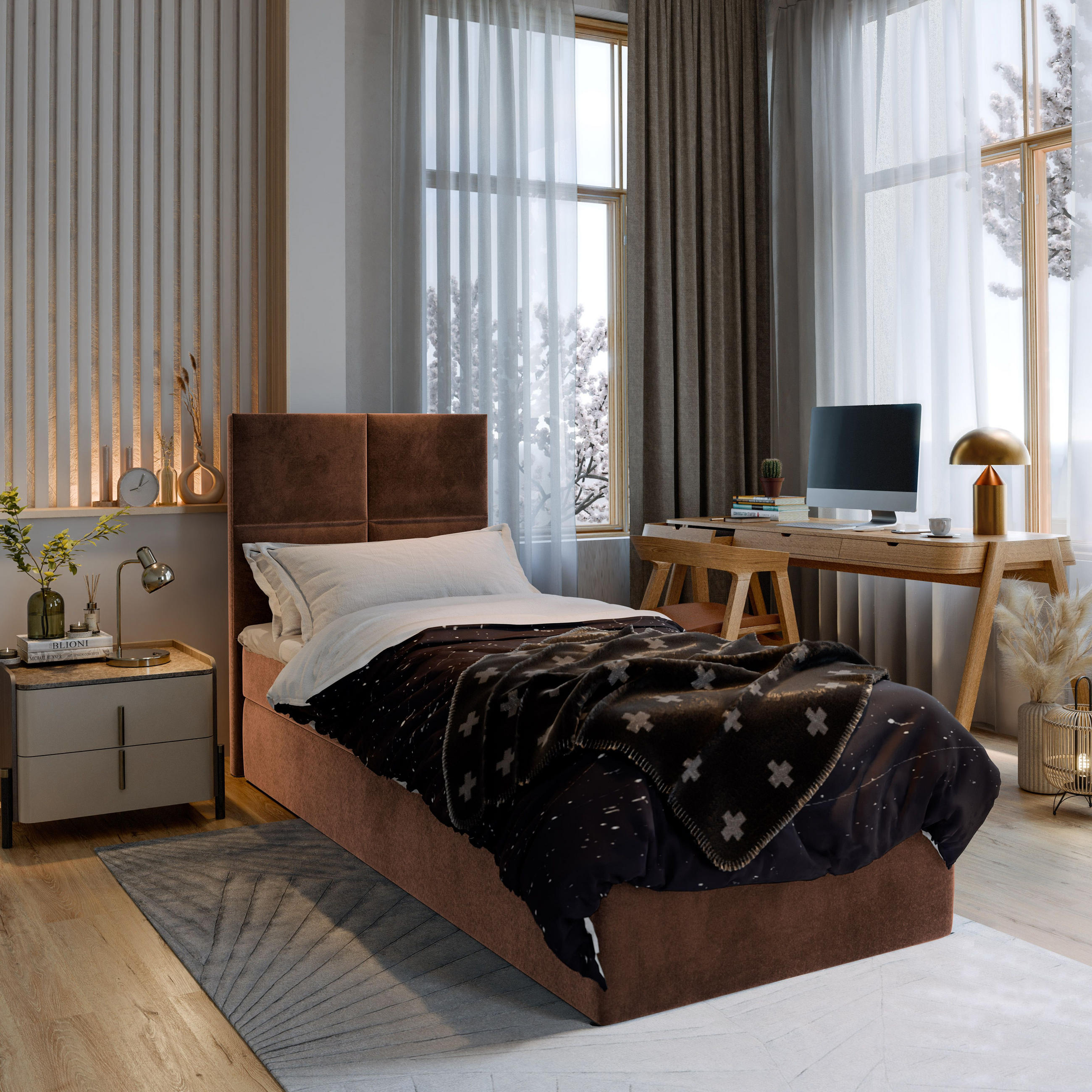 BOXBETT LENA 100 100x200 cm mit Matratze und Topper - Braun - Braun, Holz (100/200cm) - MASSENO