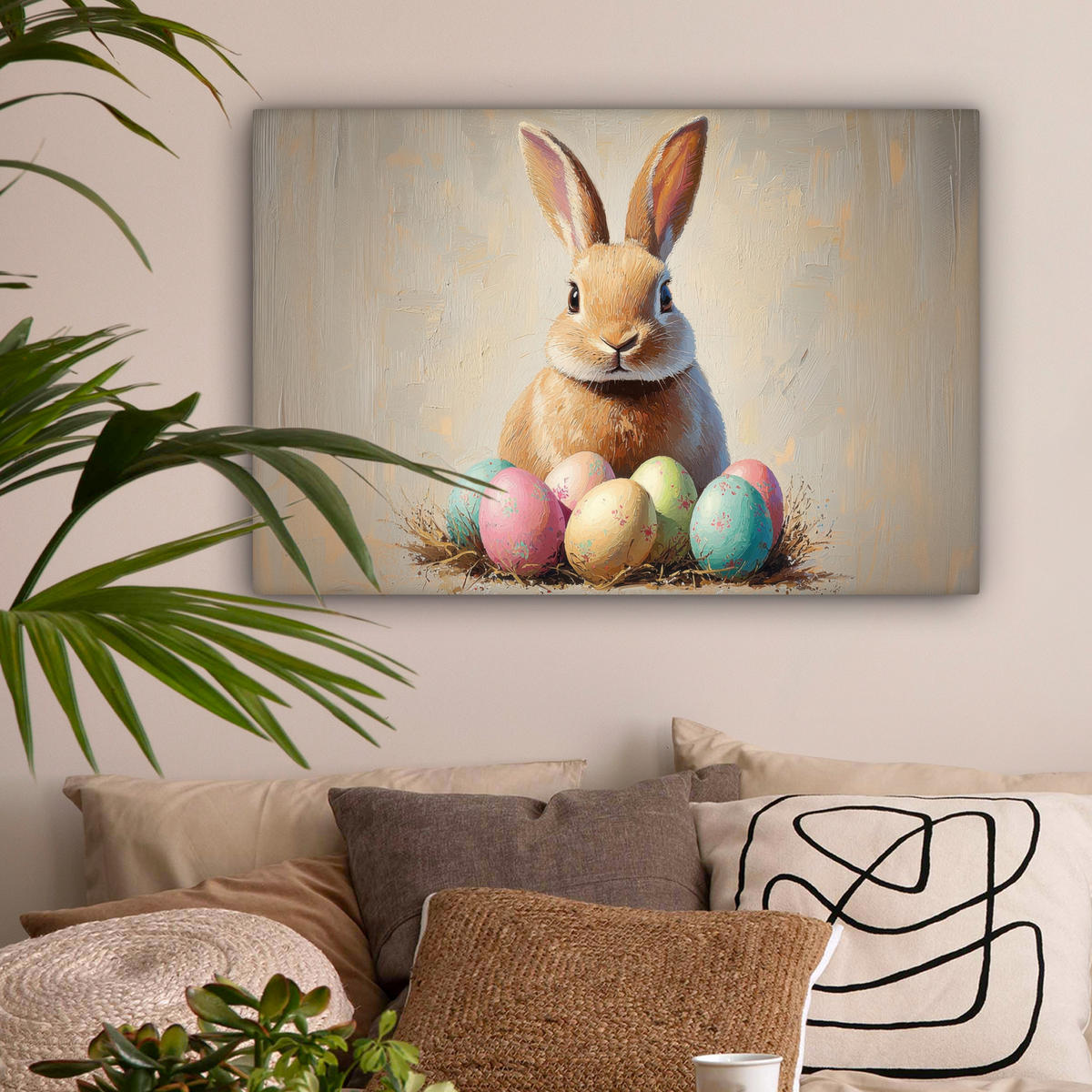 LEINWANDBILD Osterhase - Pastell - Eier Gemälde 60x40 cm - Beige, Textil (60/40cm) - MuchoWow