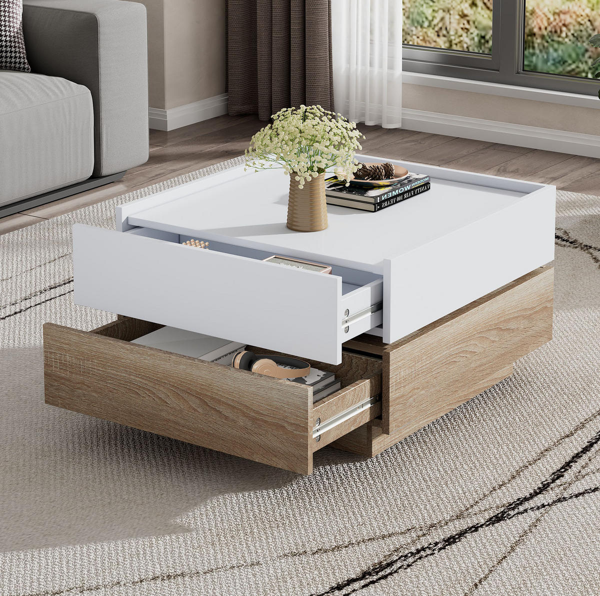COUCHTISCH drehbar 60 x 60 x 38 cm Weiß Walnuss mit 2 Schubladen - Weiß, Holzwerkstoff (60/60/38cm) - Meubliv
