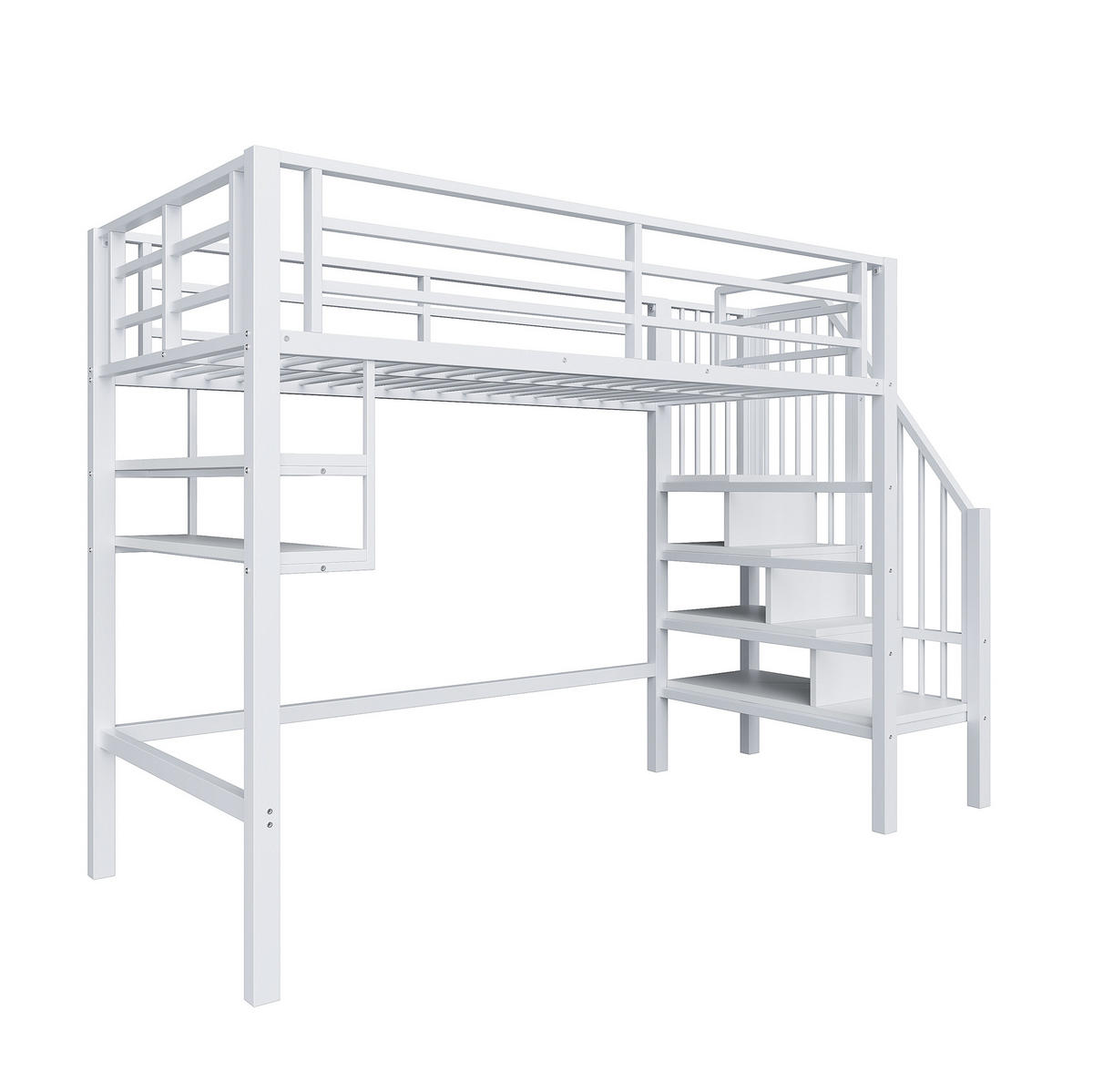 HOCHBETT 90/200 cm Weiß aus Metall und MDF mit Stauraumleiter - Weiß, Metall (90/200cm) - OKMYHOME