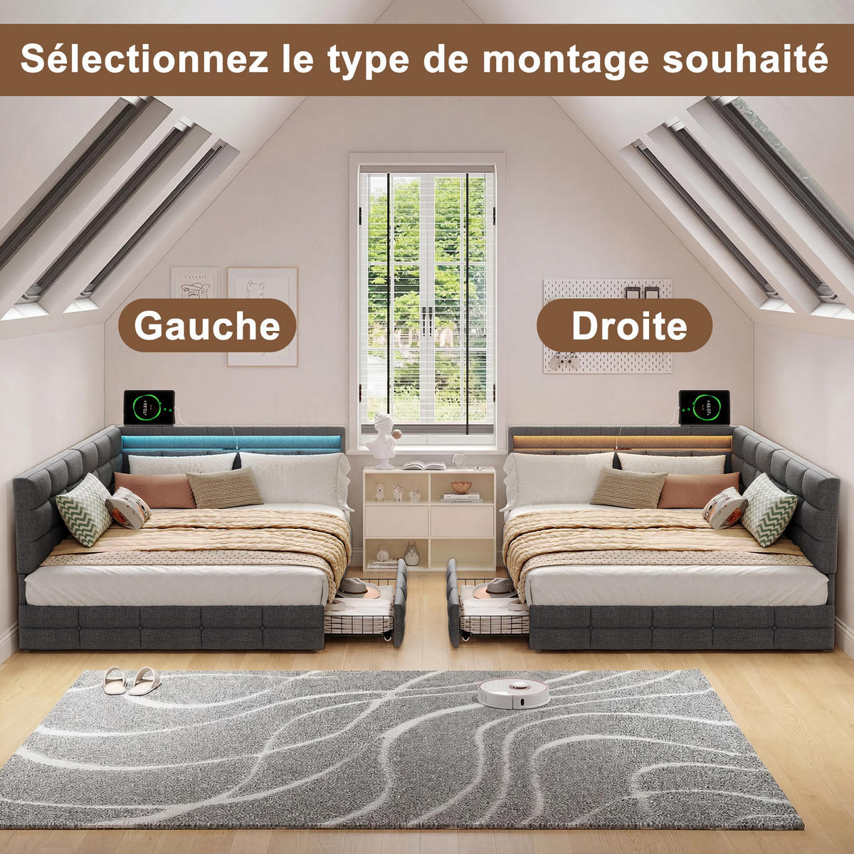 POLSTERBETT 140x200 cm mit 2 Schubladen und LED - Gepolstertes Schlafsofa aus Leinen mit USB und Lattenrost - Für Jugendliche und Erwachsene - Grey - Grau, Holzwerkstoff (140/200cm) - Brevoria