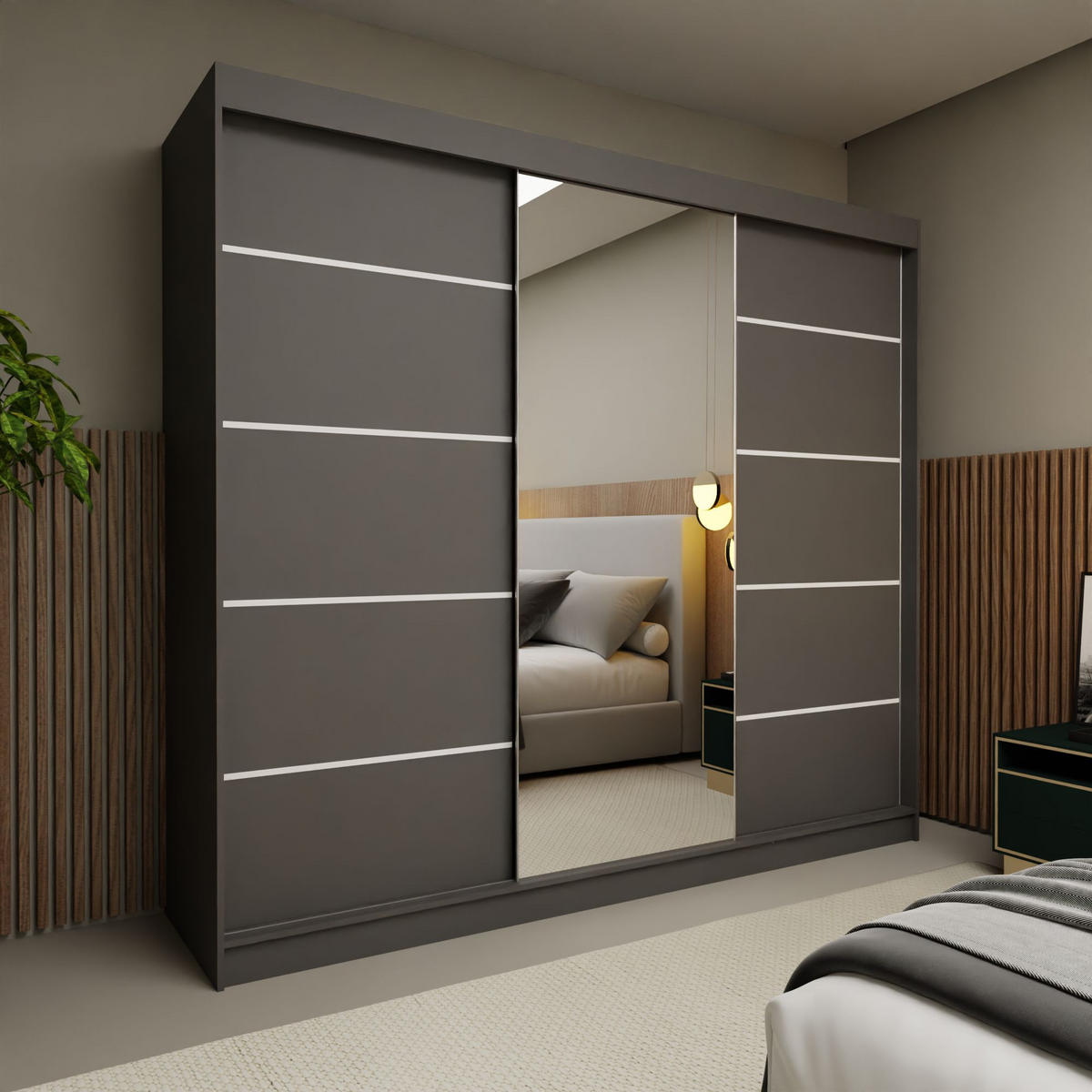 SCHWEBETÜRENSCHRANK MIRELLA 240/216/61 cm 3-türig mit Spiegel Grau - Grau, Holzwerkstoff (240/216/61cm) - MASSENO