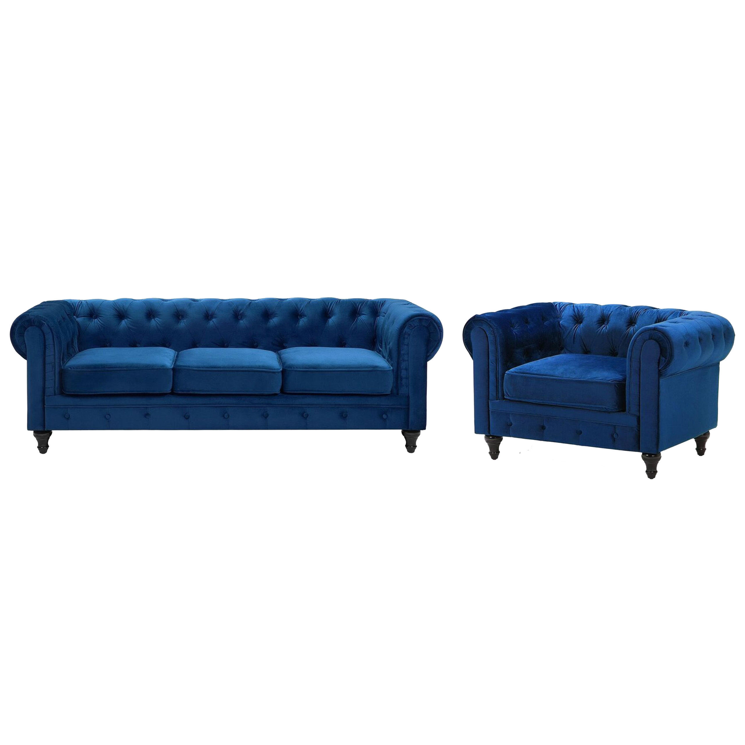 SET CANAPELE cu 4 locuri catifea albastru Chesterfield