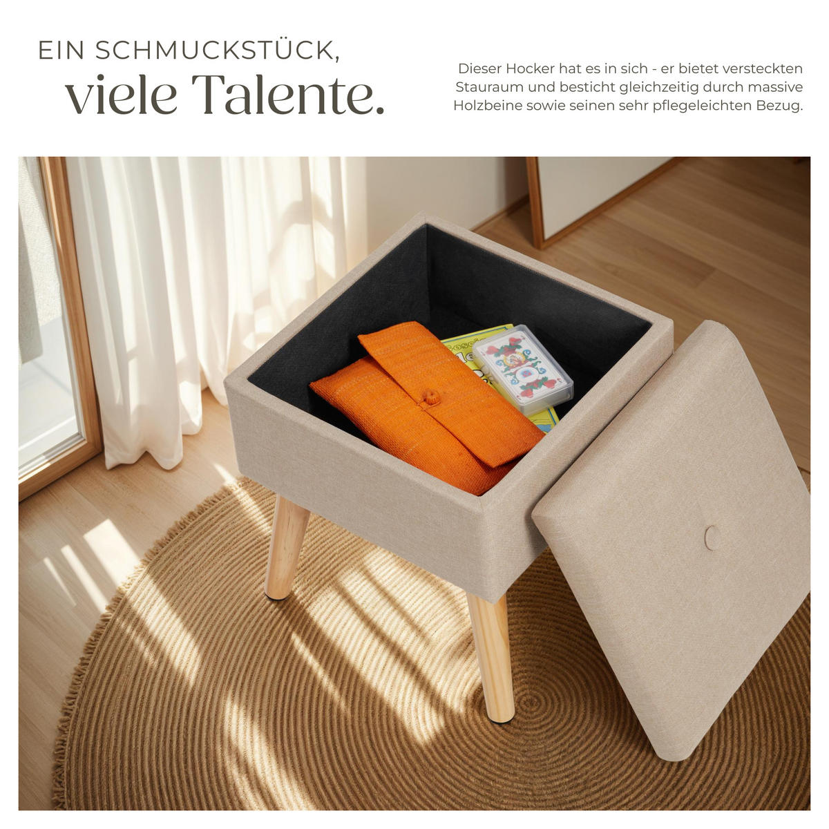 SITZHOCKER mit Stauraum Elva,32,5 x 32,5 x 36,5 cm,Sand - Sandfarben, Holz (32.5/36.5/32.5cm) - tectake