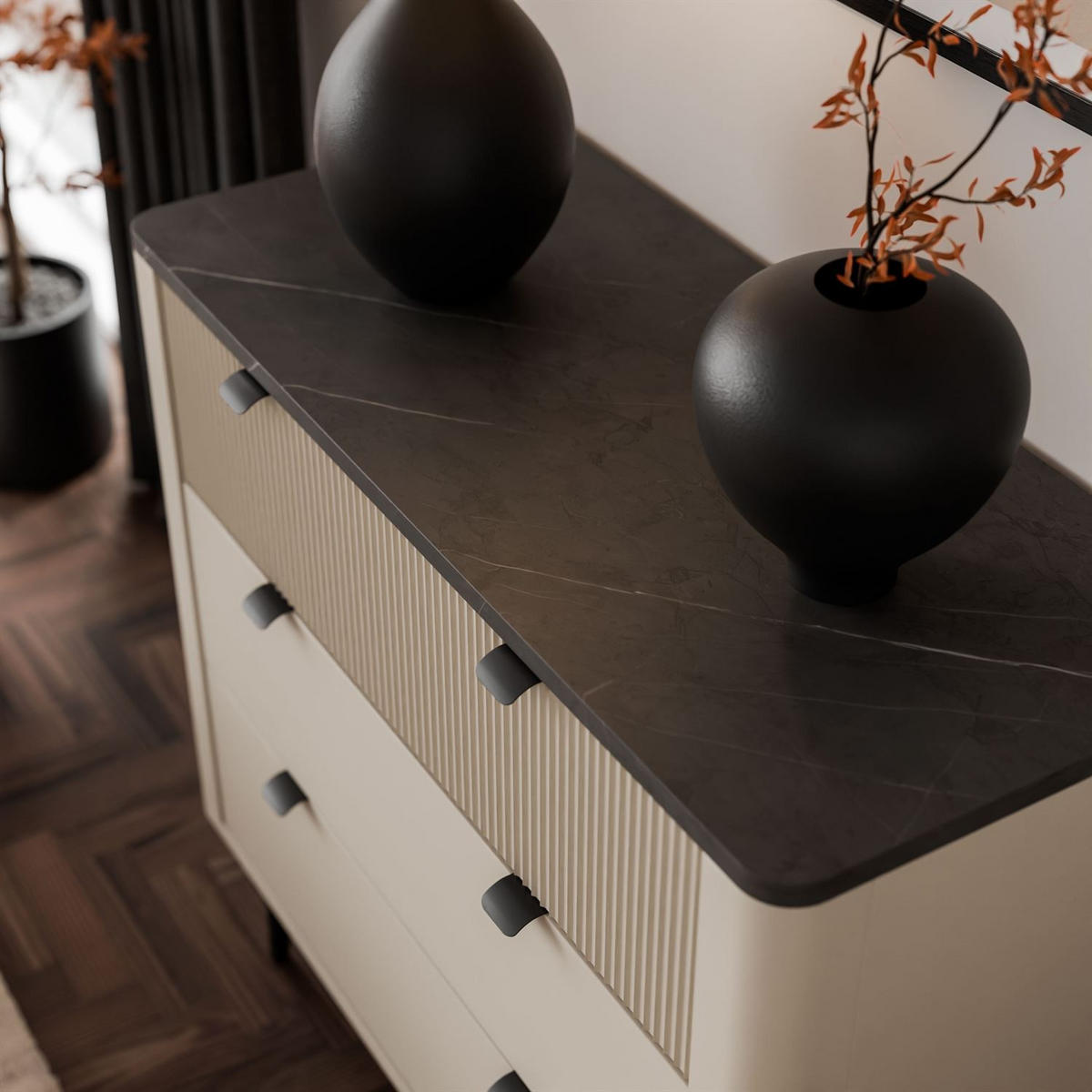 KOMMODE für das Wohnzimmer AUTUMN 3S auf hohen Beinen, Kaschmir / Grauer Stein - Beige, Holzwerkstoff (90/82/40cm) - Lookway