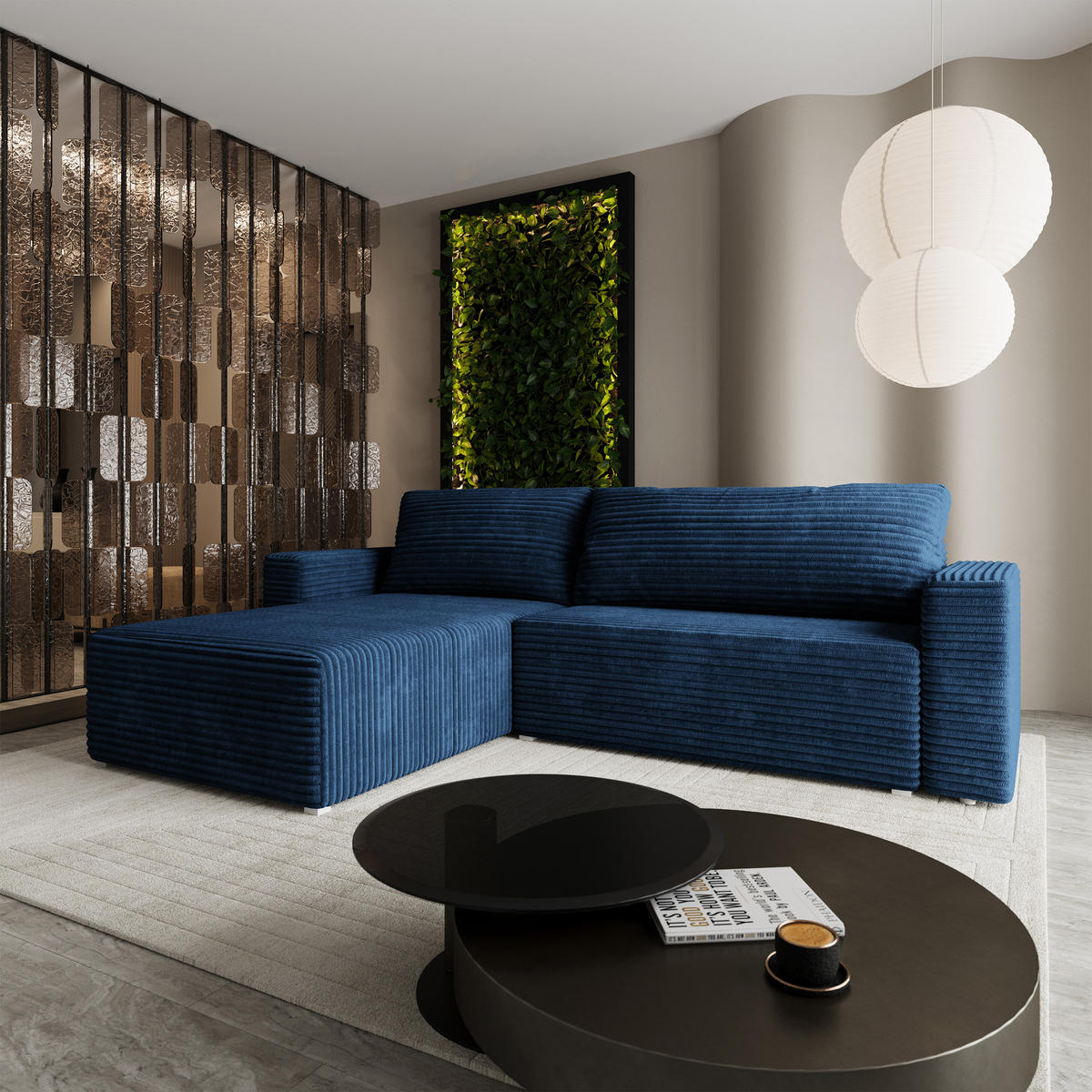 ECKSOFA CALTI T Blau Kordstoff mit Schlaffunktion - Blau, Holzwerkstoff/Textil (283/183cm) - MASSENO