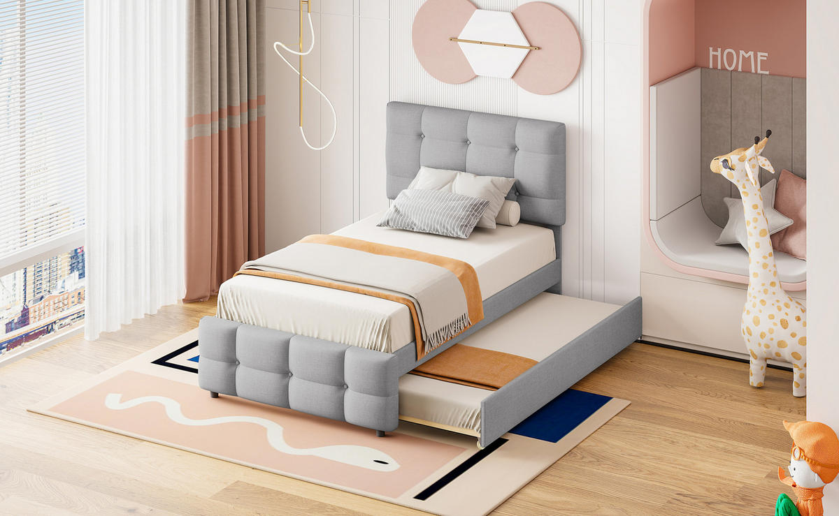 POLSTERBETT 90/200 cm Grau aus MDF, Metall und Leinenstoff mit ausziehbarem Bett - Grau, Textil (90/200cm) - OKMYHOME