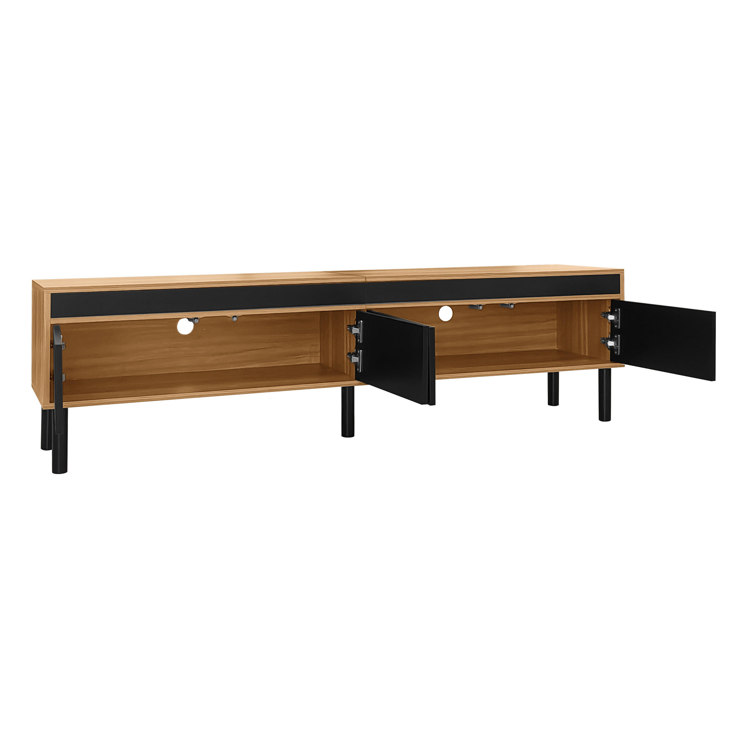 TV Lowboard 170x38x47 cm, 4 Türen, Massivholzfüße, Schwarz Natur - Schwarz, Holz (170/47/38cm)