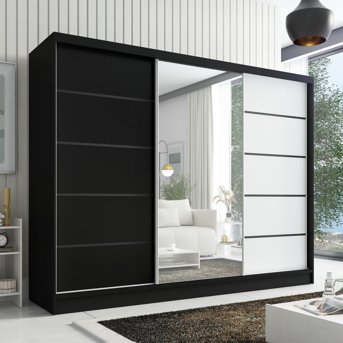 SCHWEBETÜRENSCHRANK 200 cm AURELIA 2 Farbe: Schwarz, Schwarz, Weiß - Schwarz/Weiß, Holzwerkstoff (200/215/60cm) - A&J MöbelLand