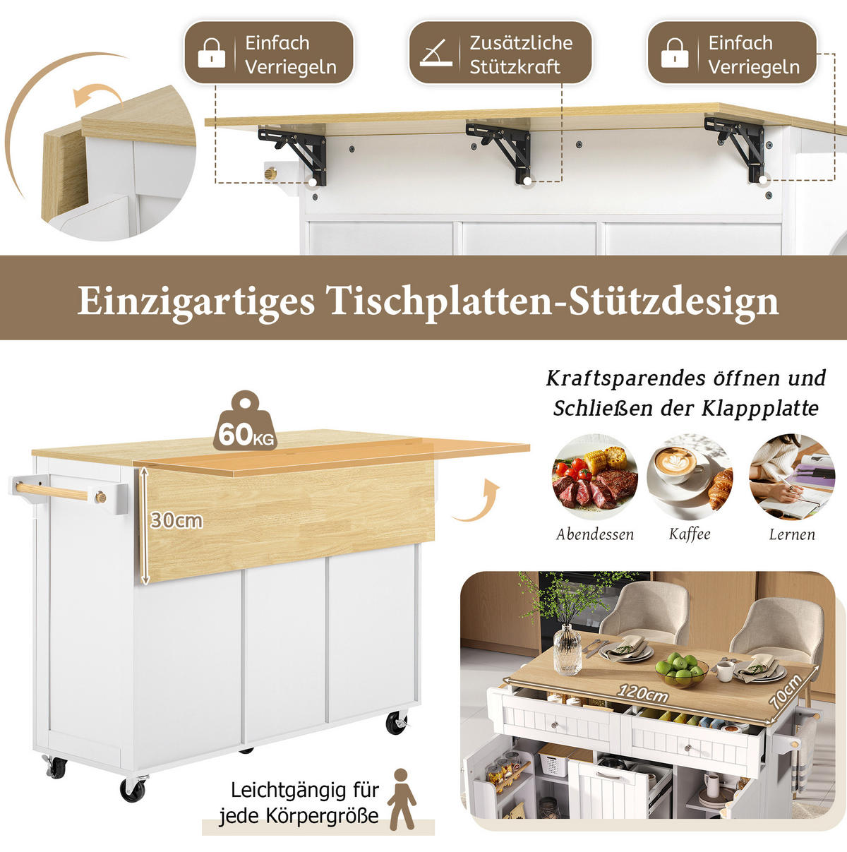 KÜCHENINSEL 140/40-70/92 cm mit ausziehbarer Klappplatte, Rollen und MDF-Korpus, Weiß/Natur - Weiß, Holzwerkstoff (140/92/70cm) - Redom
