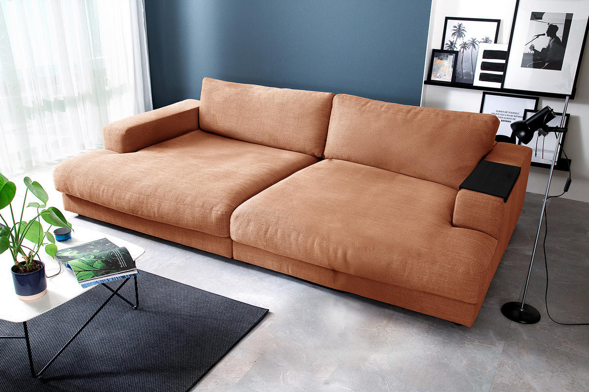BIG SOFA XL MIT TABLETT MADELINE Braun Webstoff - Dunkelbraun/Schwarz, Kunststoff/Textil (290/85/190cm) - KAWOLA
