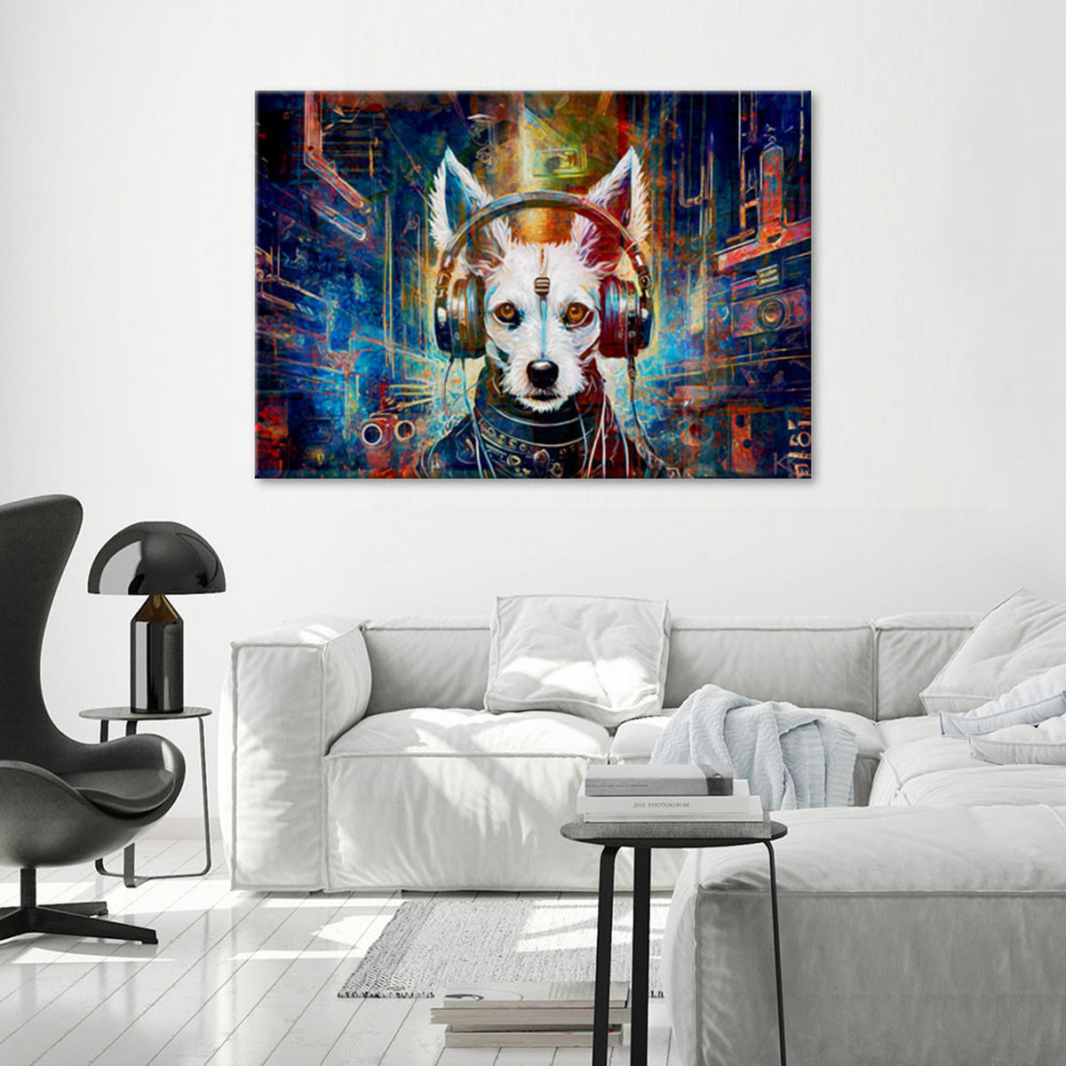 LEINWANDBILD Hund im Kopfhörer Abstraktion 90x60cm - Multicolor, Textil (90/60cm) - Feeby