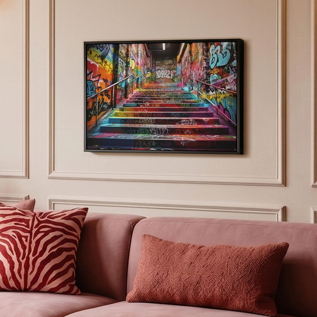 LEINWAND Bilder mit Rahmen - Treppe - Graffiti - Farben - Kunst - 60x40 - Multicolor, Textil (60/40cm) - MuchoWow