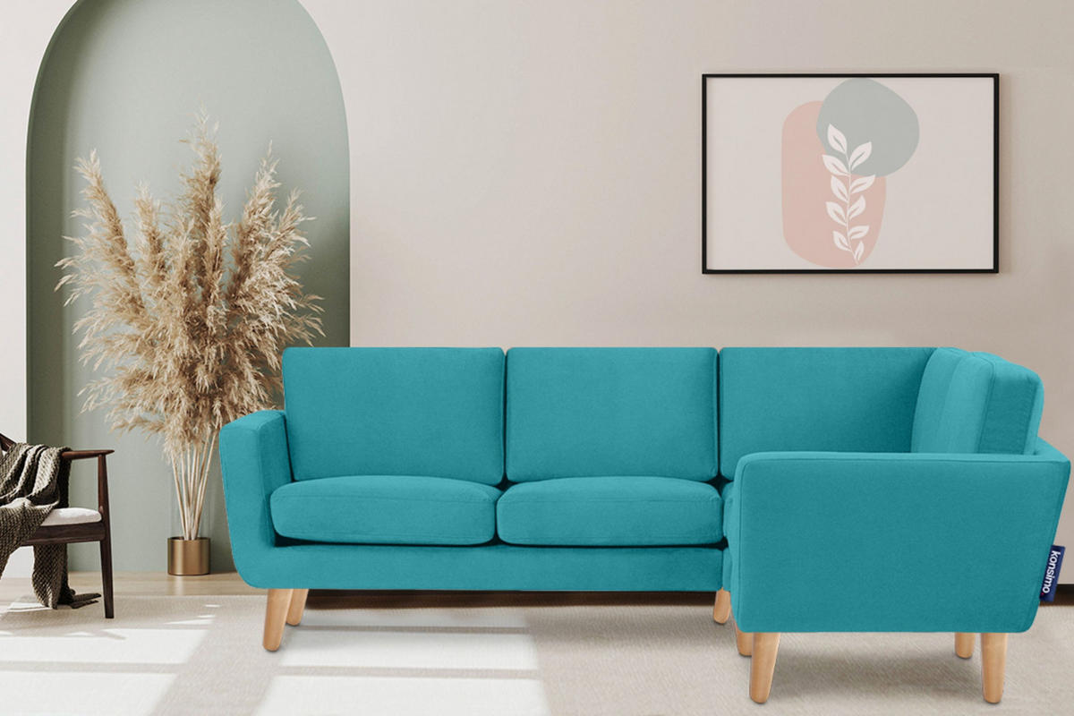 ECKSOFA-RECHTS TAGIO 3/4 Sitzer, blau - Türkis/Braun, Buchenholz/Textil (220/181cm) - KONSIMO®