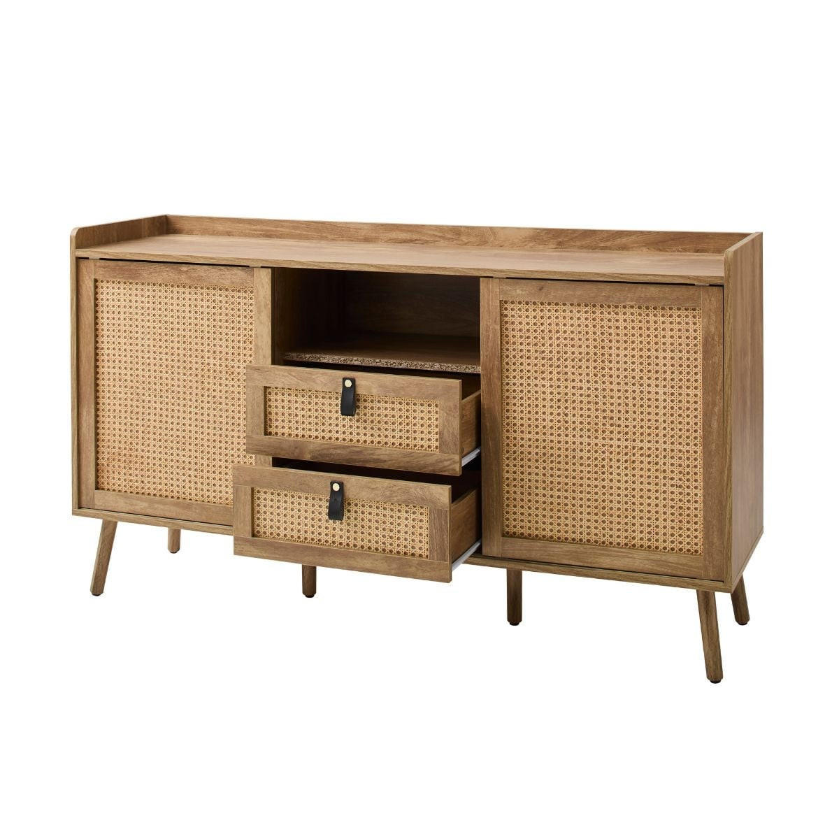 SIDEBOARD mit 2 Türen und 2 Schubladen mit Rattanfronten 39/140/80 cm - Eschefarben, Holzwerkstoff (39/80/140cm) - Calicosy