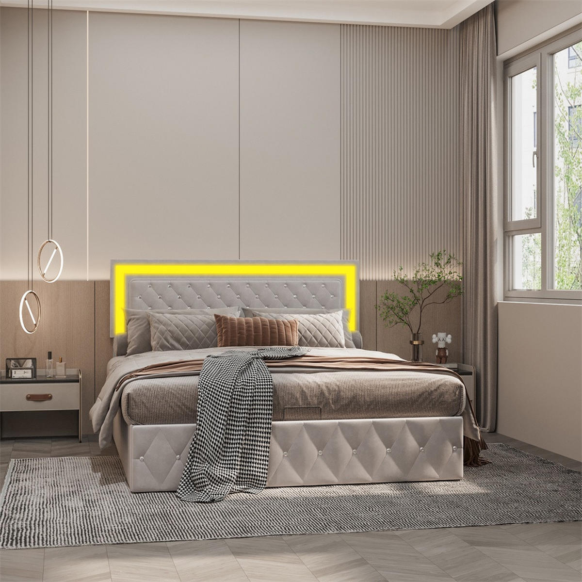 POLSTERBETT 140x200 cm - mit LED-Kopfteil und hydraulischem Bettkasten - Samt - ohne Matratze - Beige - Beige, Textil (140/200cm) - DELFA