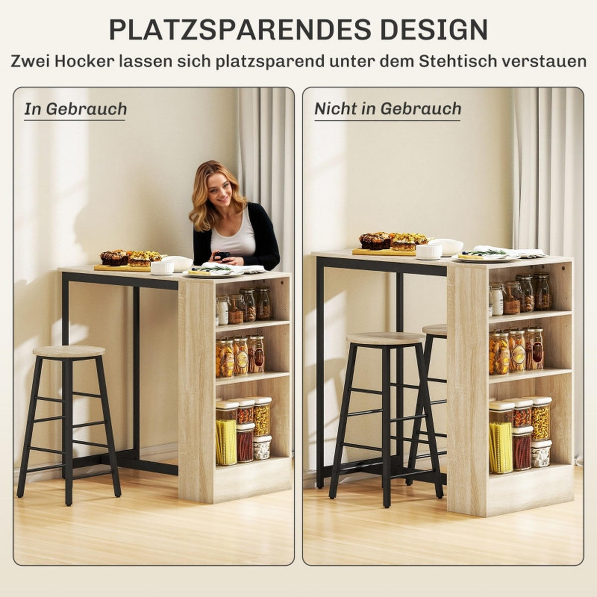 BARTISCH-SET DE-39296 91/49 cm Tisch mit 2 Hockern Eiche/Schwarz - Schwarz, Holzwerkstoff (91/91/49cm) - ComfortXL