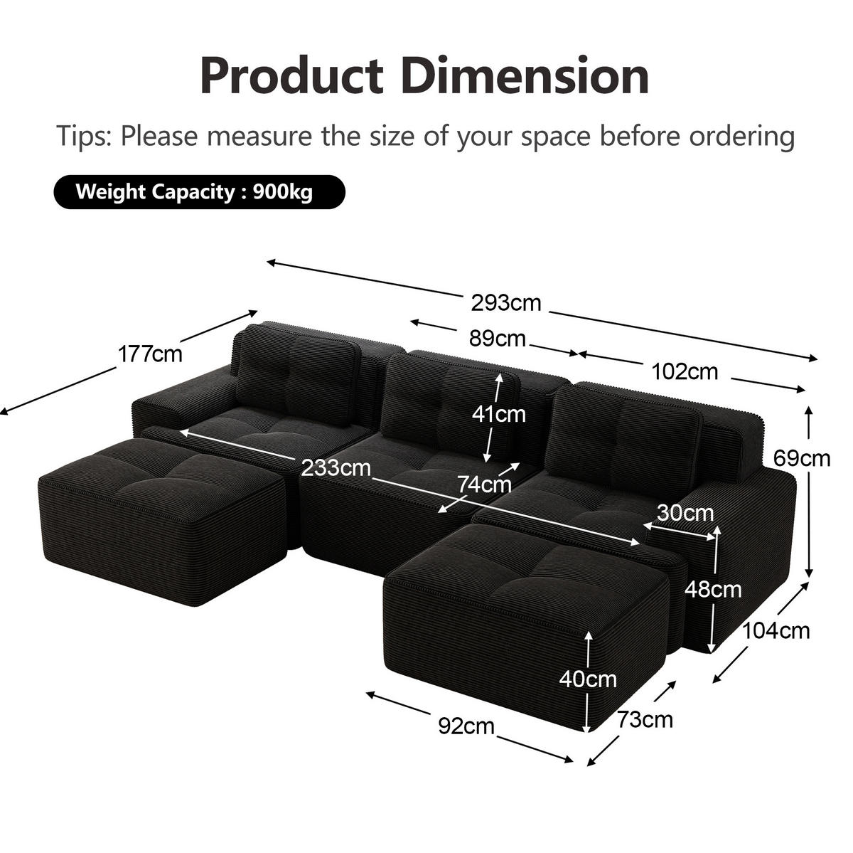 ECKSOFA 293/104/69 cm schwarz aus Cord mit Tiefsitz und montagefrei - Schwarz, Textil (177/293cm) - OKWISH