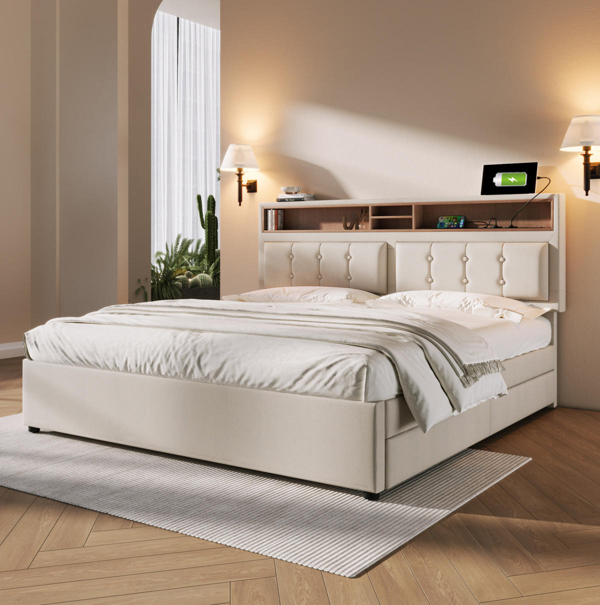 POLSTERBETT 140/200 cm in Beige mit 4 Schubladen, Matratze und USB - Beige, Textil (140/200cm) - Flora Grace